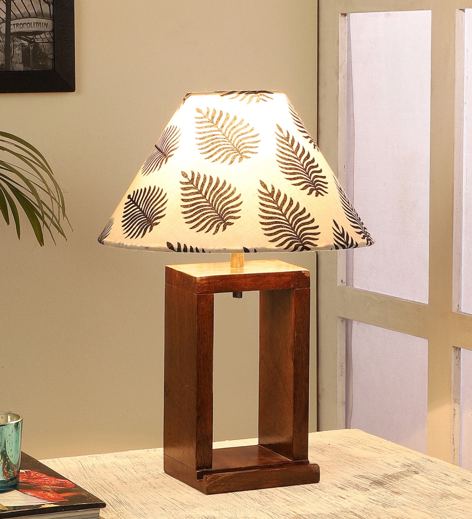White & Black Shade Table Lamp With Wood Base