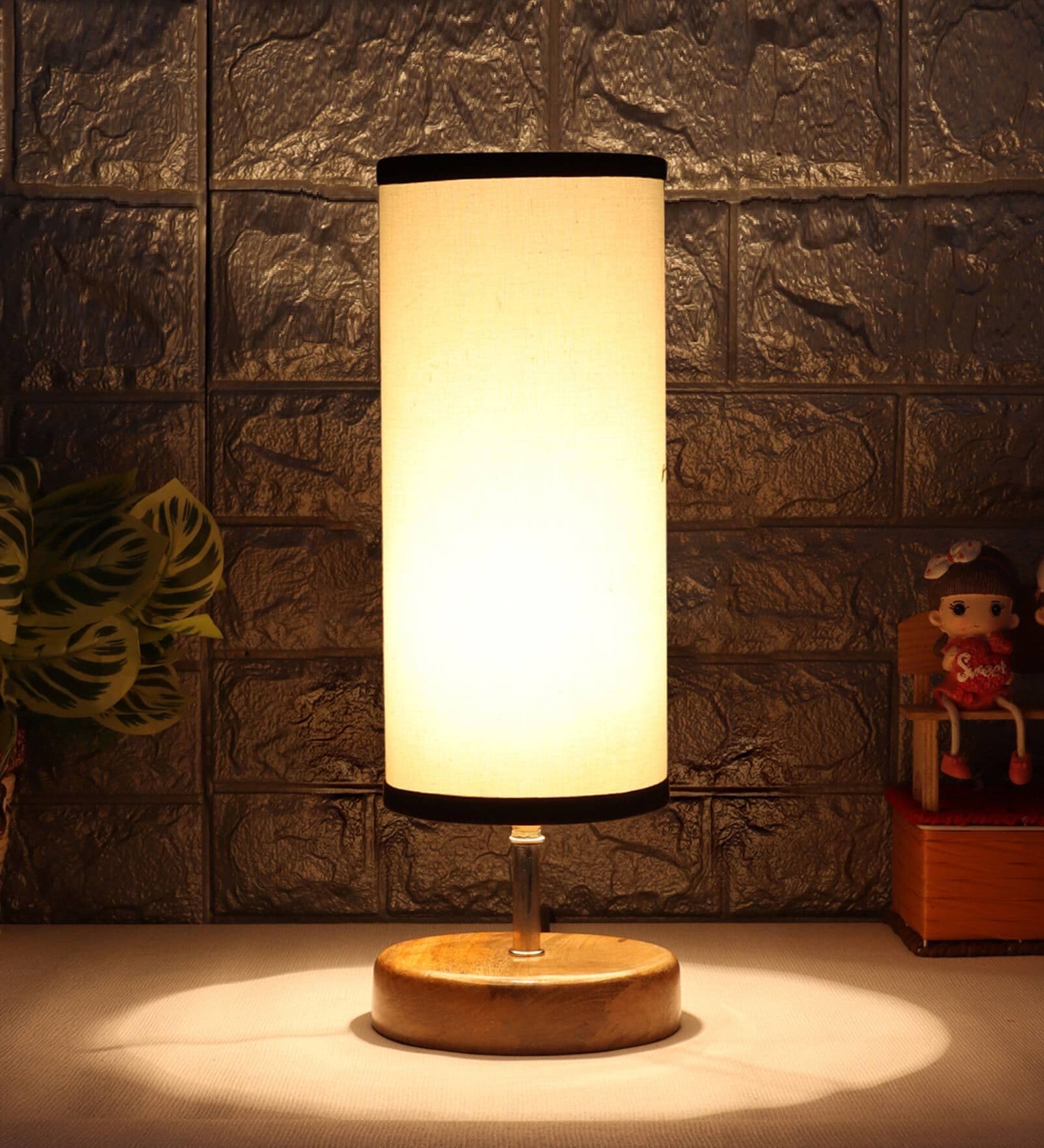 Siena White & Black Cottan Fabric Shade Table Lamp With Wood Base