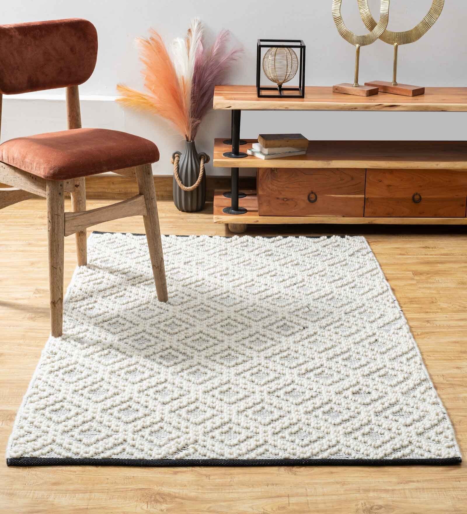 Buy White Wool and Cotton 8 ft x 10 ft Hand Woven Dhurrie by The Indoor