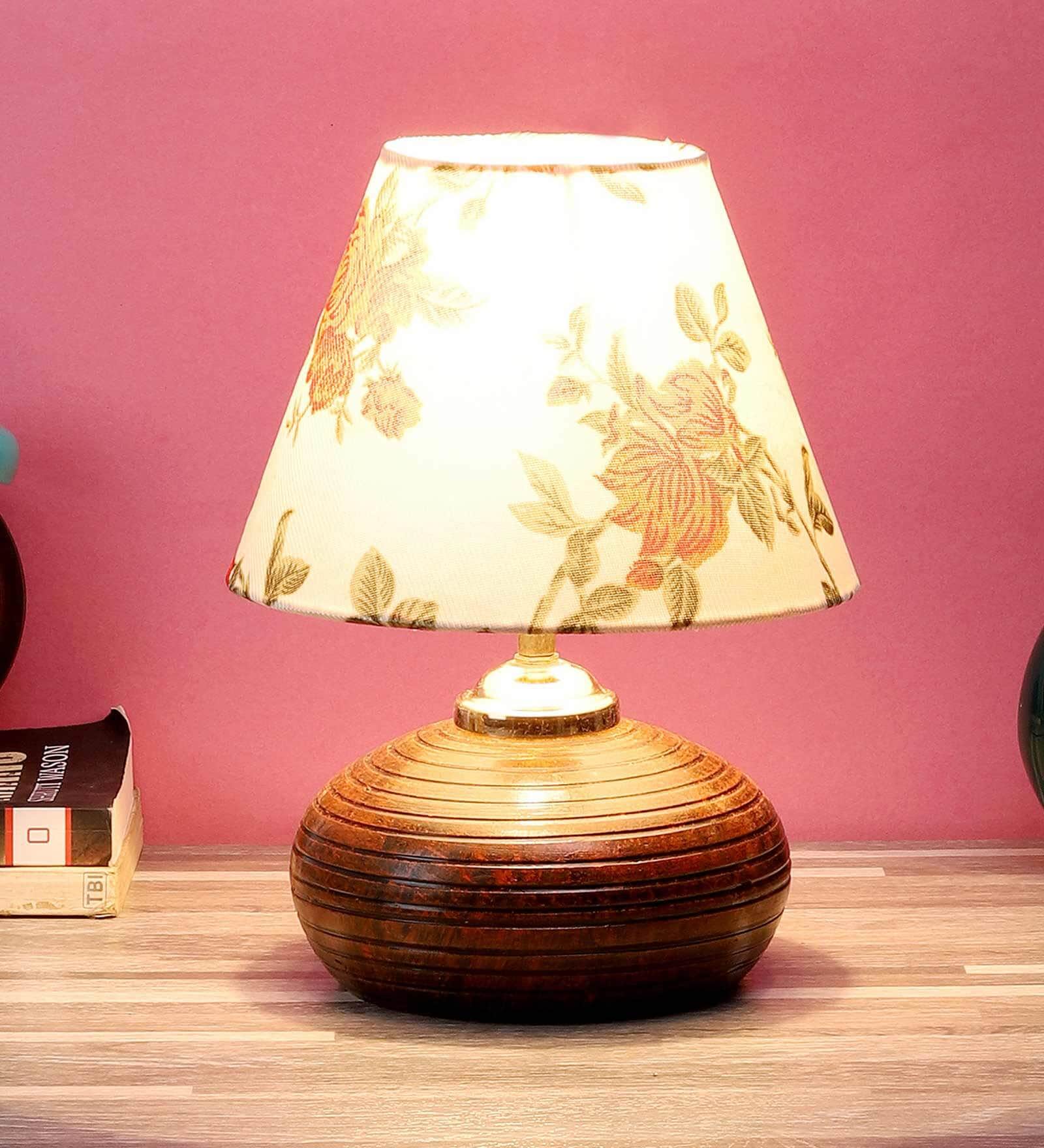 White & Blue Fabric Shade Table Lamp With Brown Base