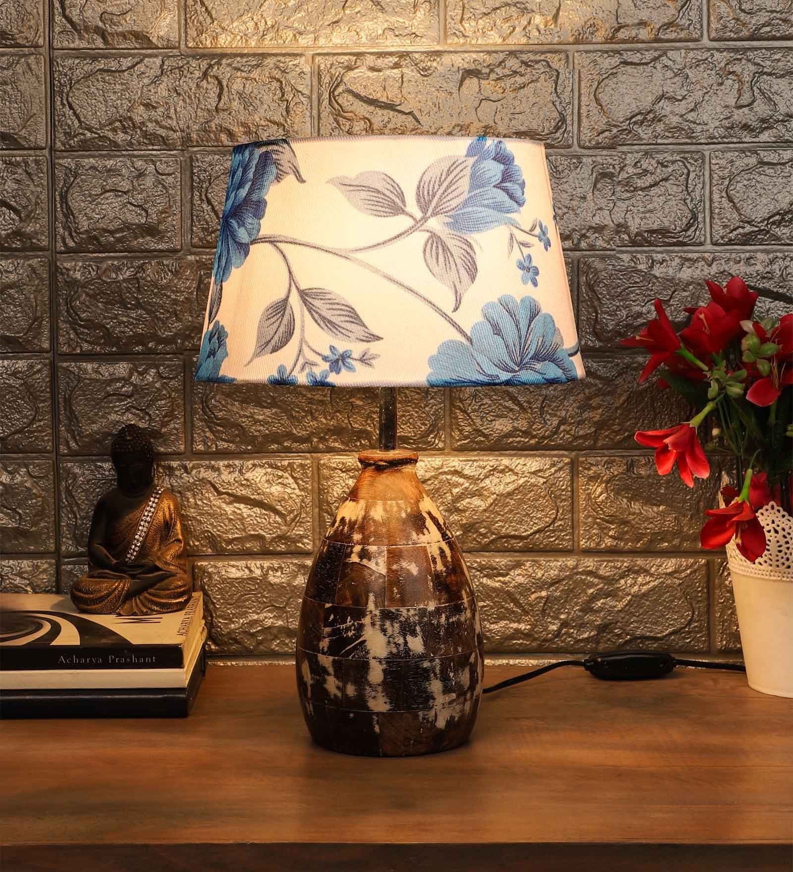 White & Blue Fabric Shade Table Lamp with White and Brown Base