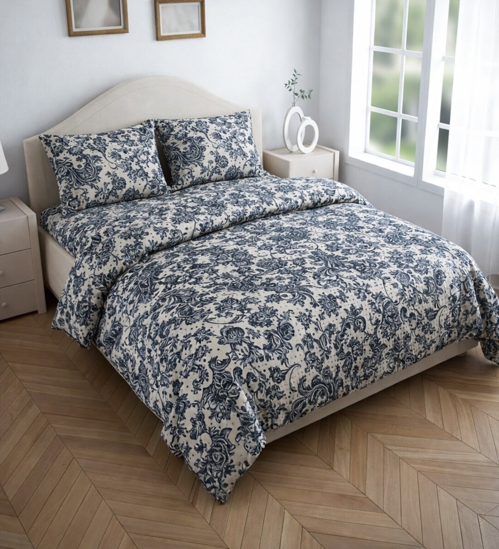 White & Blue Floral 400 TC Cotton 4 Pieces Bedding Set Luxury Collection