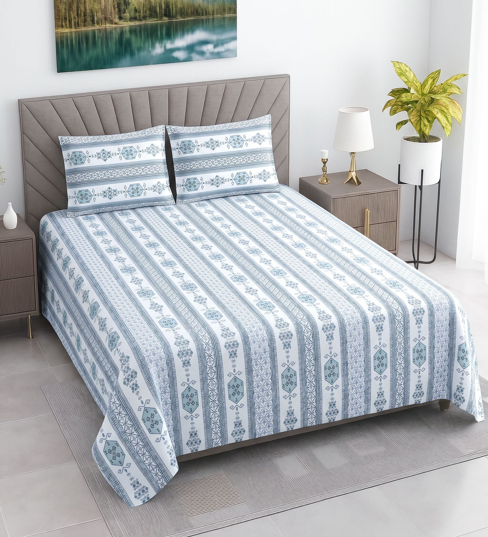 White & Blue Floral 400 TC Cotton Queen Size Flat Bedsheet With 2 Pillow Covers