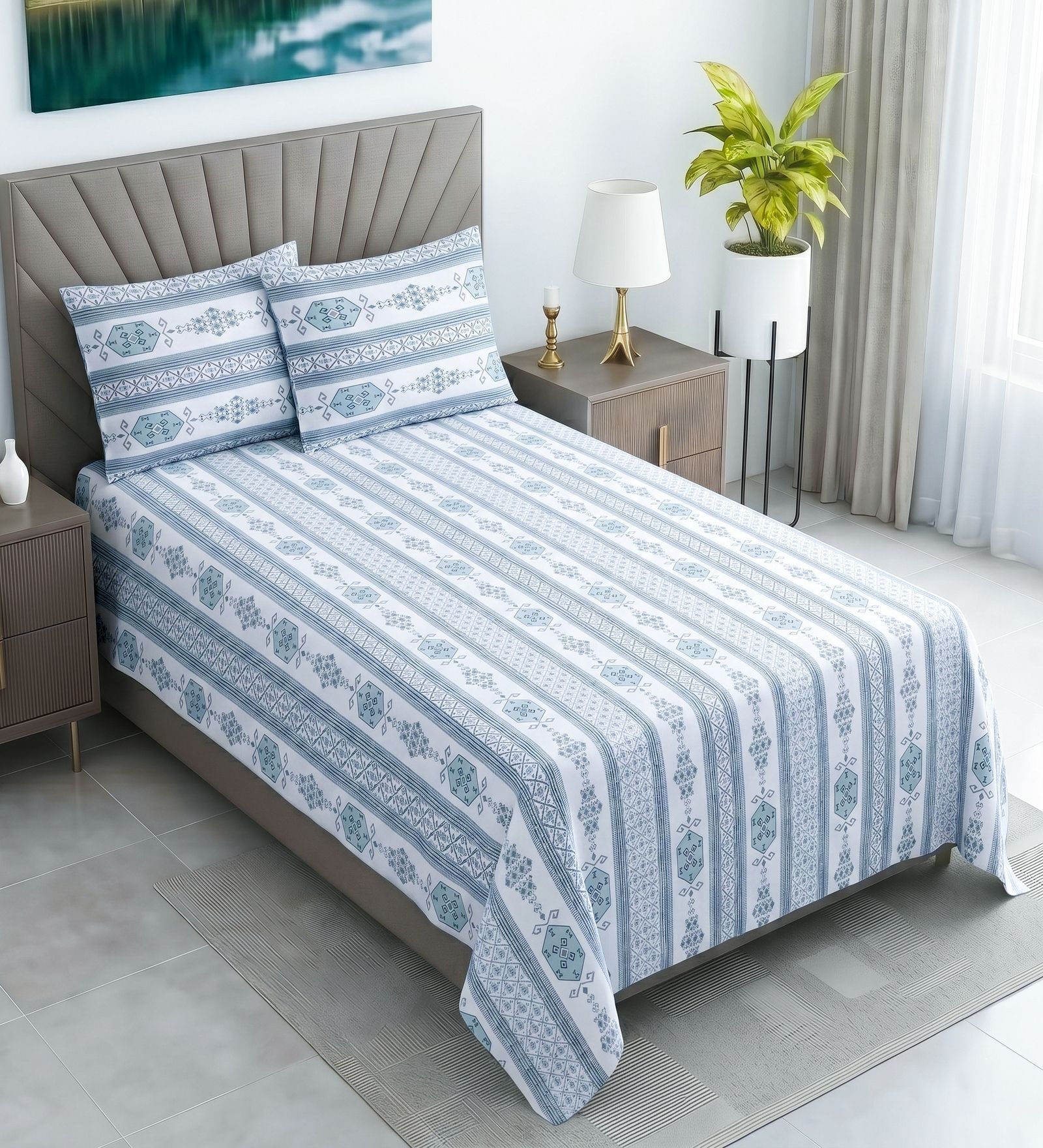 White & Blue Floral 400 TC Cotton Single Bed Size Flat Bedsheet With 2 Pillow Covers