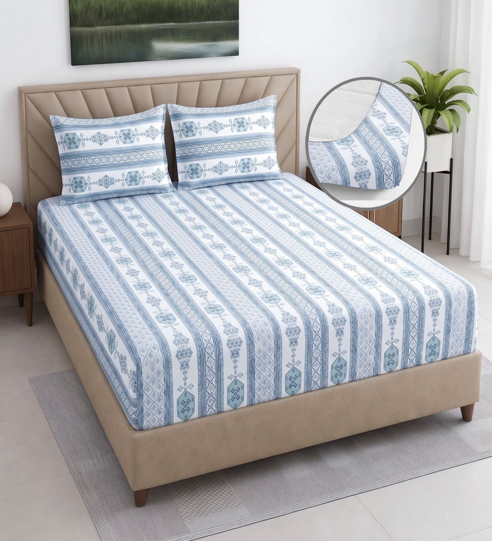 White & Blue Floral 400 TC Cotton Superking Size Fitted Bedsheet With 2 Pillow Covers