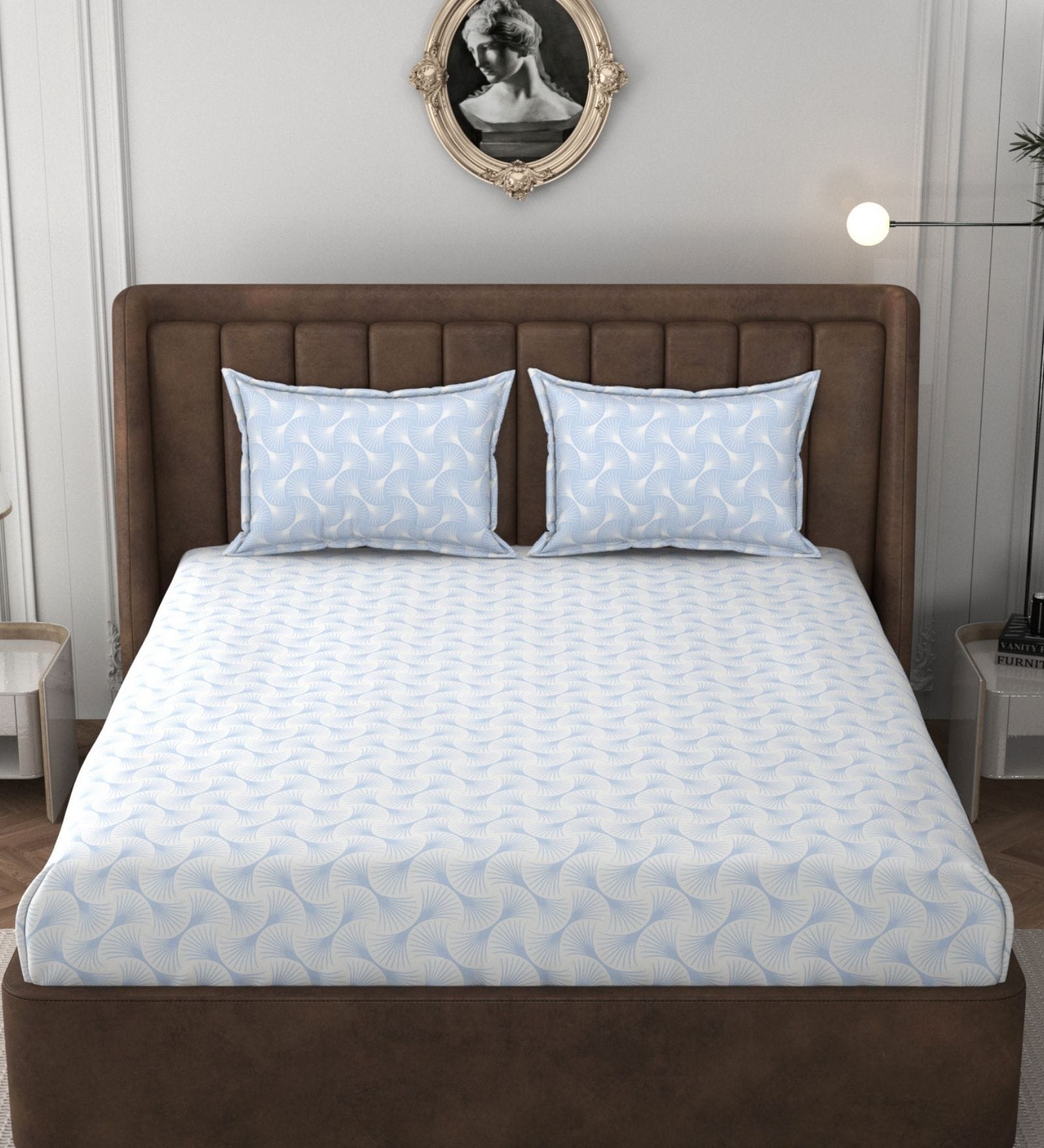 White & Blue Glace Cotton Self Design Elastic Fitted King Bedsheet With 2 Pillow Covers