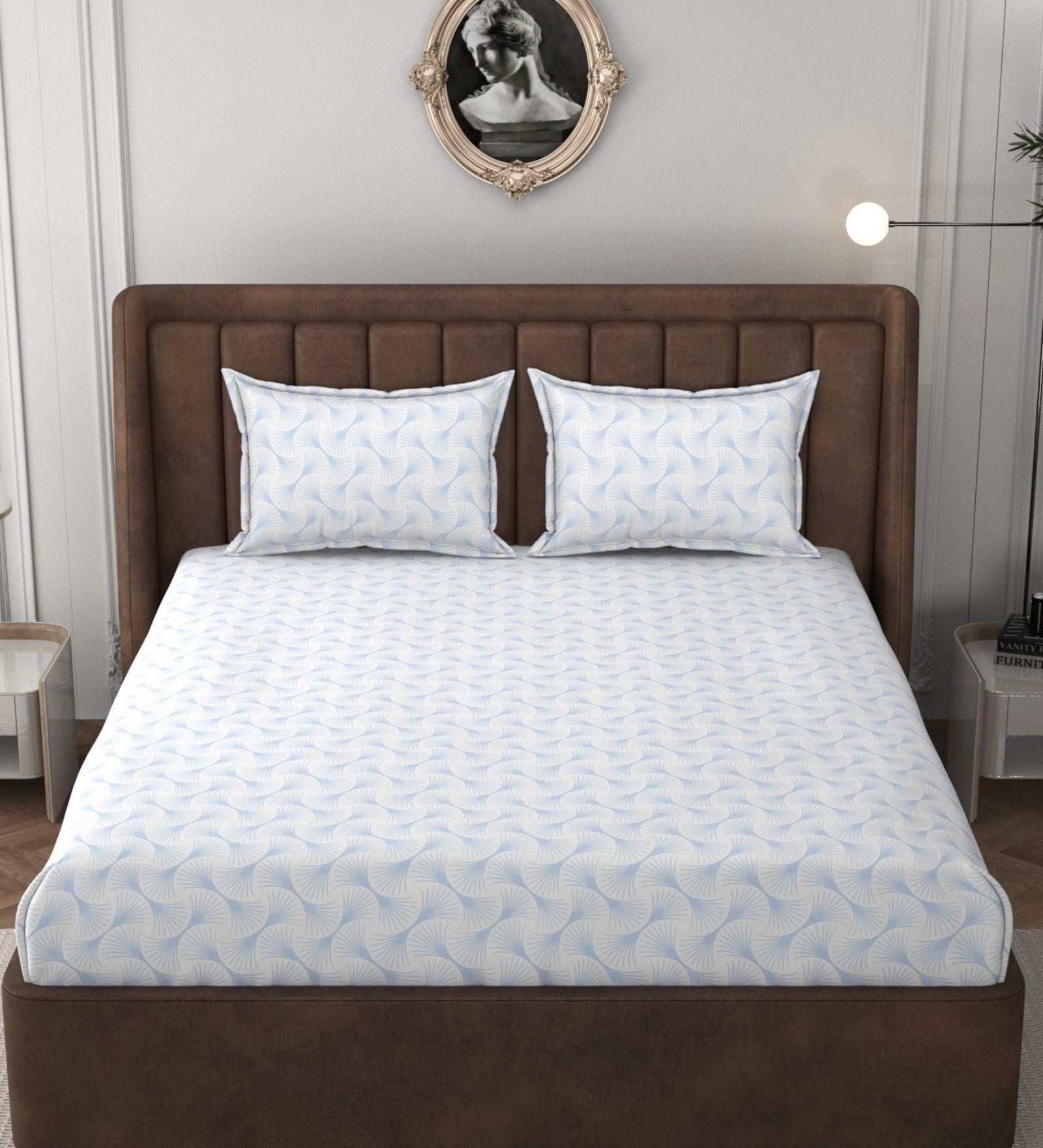 White & Blue Glace Cotton Self Design Elastic Fitted King Bedsheet With 2 Pillow Covers