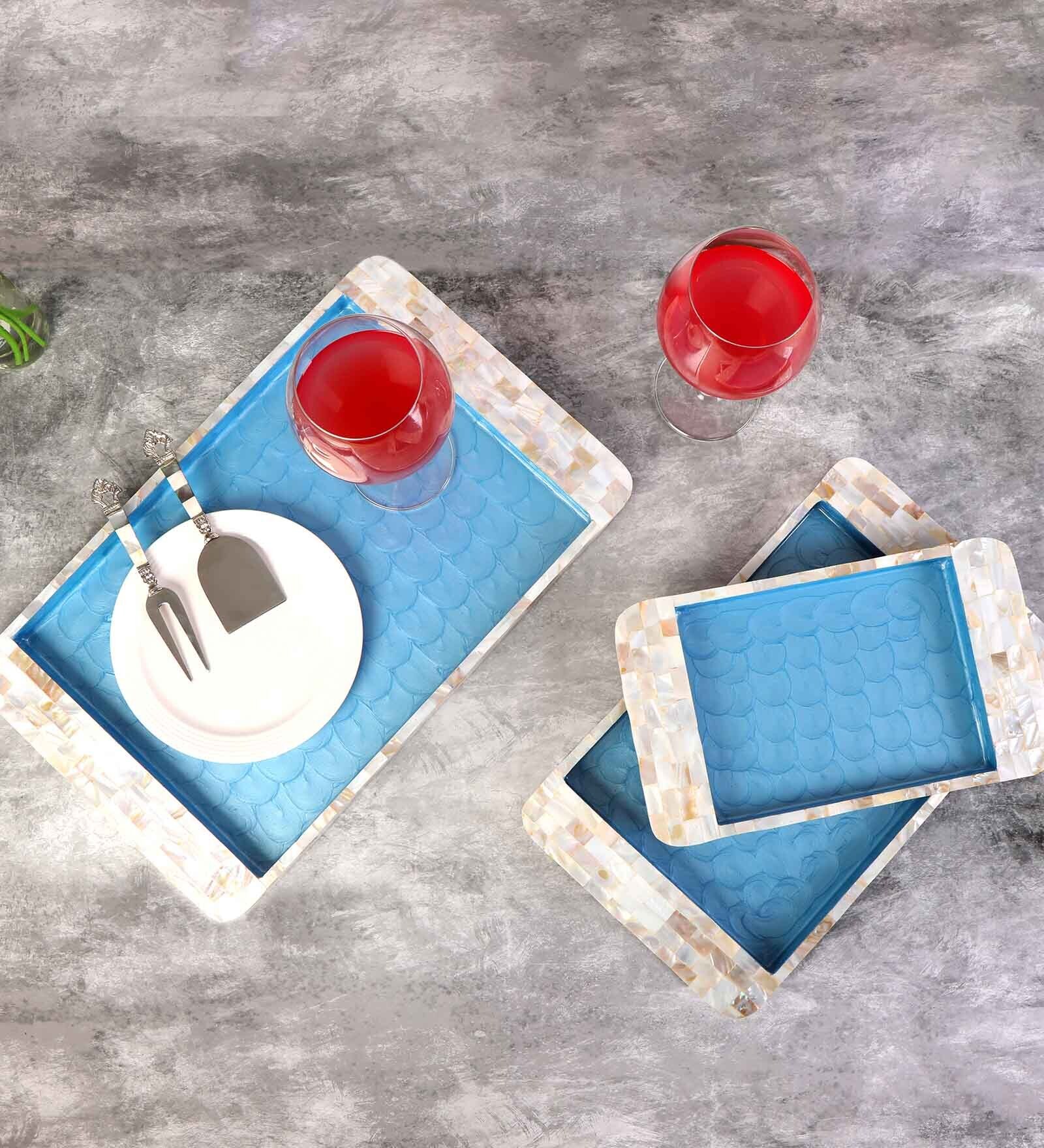White & Blue MDF Wood Blue Mother Of Pearl (Set of 3) Serving Tray