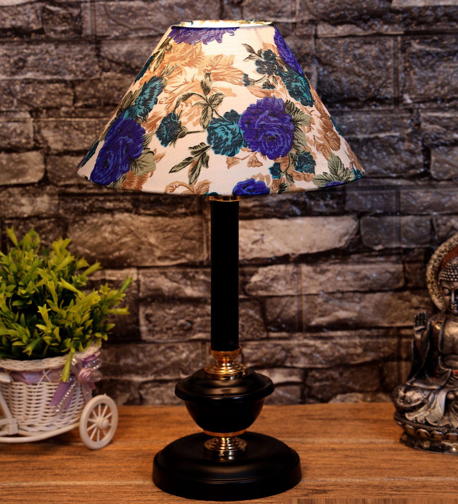 White & Blue Shade Table Lamp With Metal Base