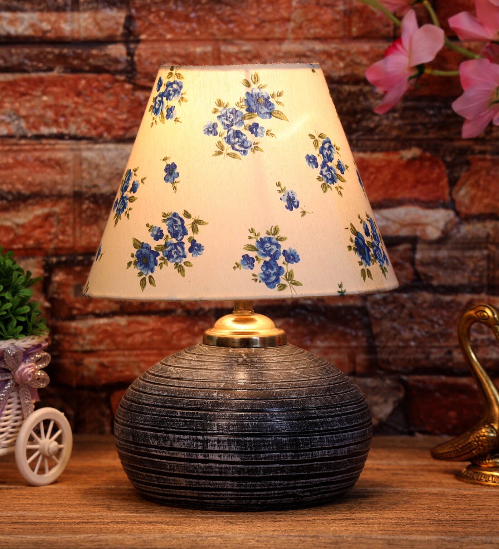 White & Blue Shade Table Lamp With Terracotta Base