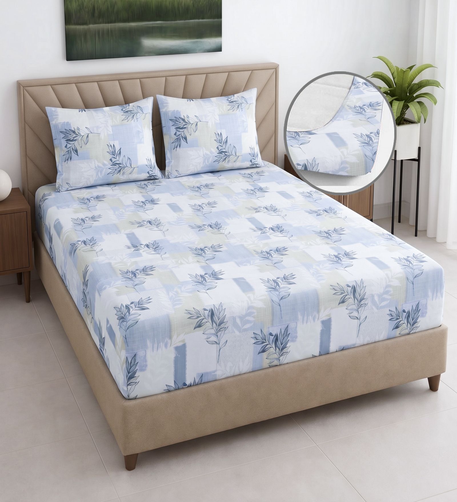 White & Blue Shade Floral 400 TC Cotton Superking Size Fitted Bedsheet With 2 Pillow Covers