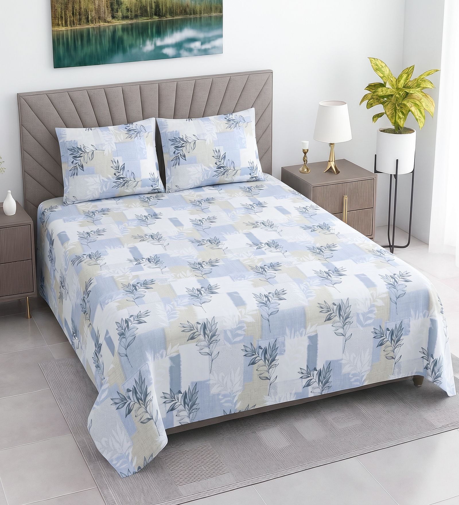 White & Blue Shade Floral 400 TC Cotton Superking Size Flat Bedsheet With 2 Pillow Covers