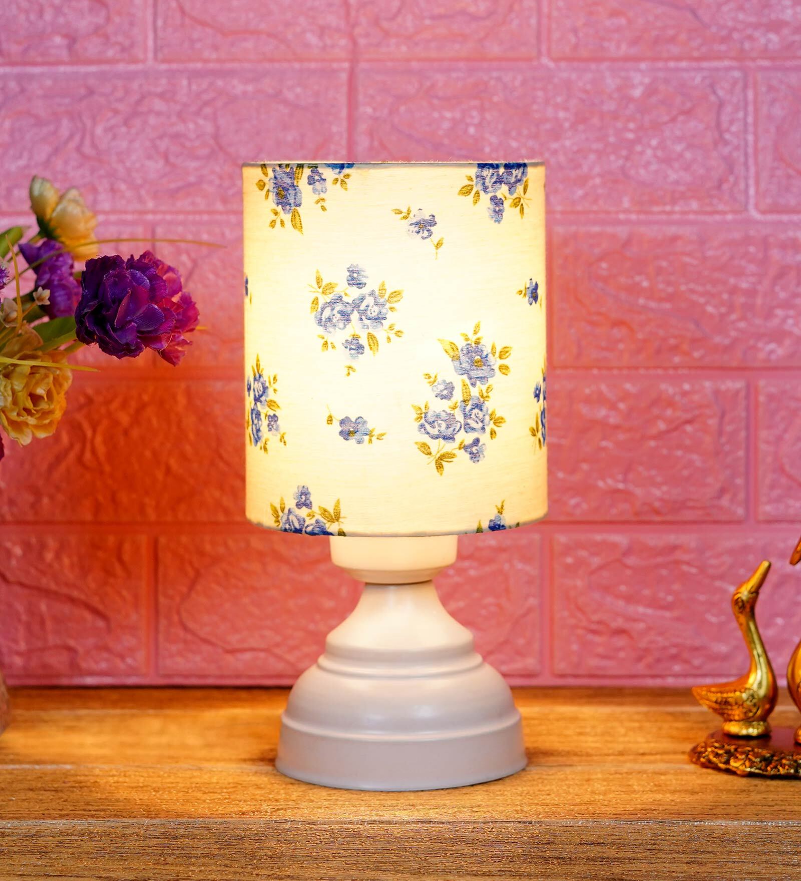 White & Blue Shade Table Lamp With Metal Base