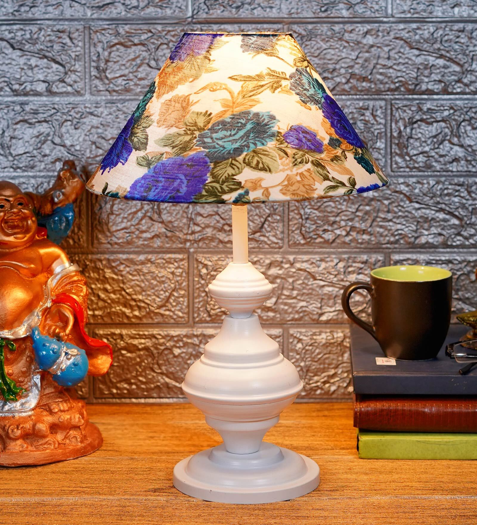White & Blue Shade Table Lamp With Metal Base