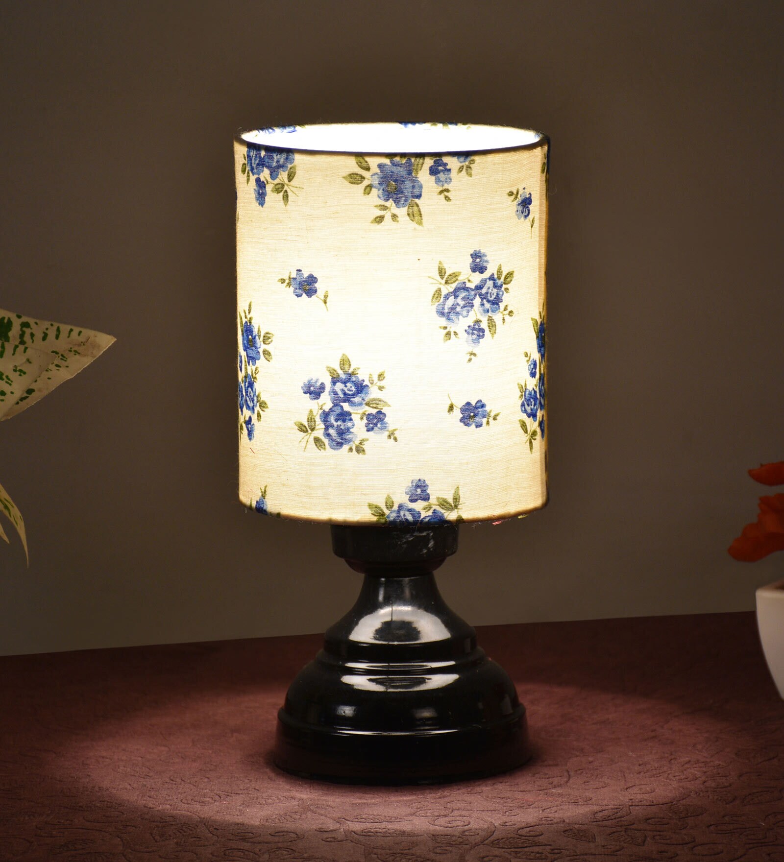 White & Blue Shade Table Lamp With Metal Base