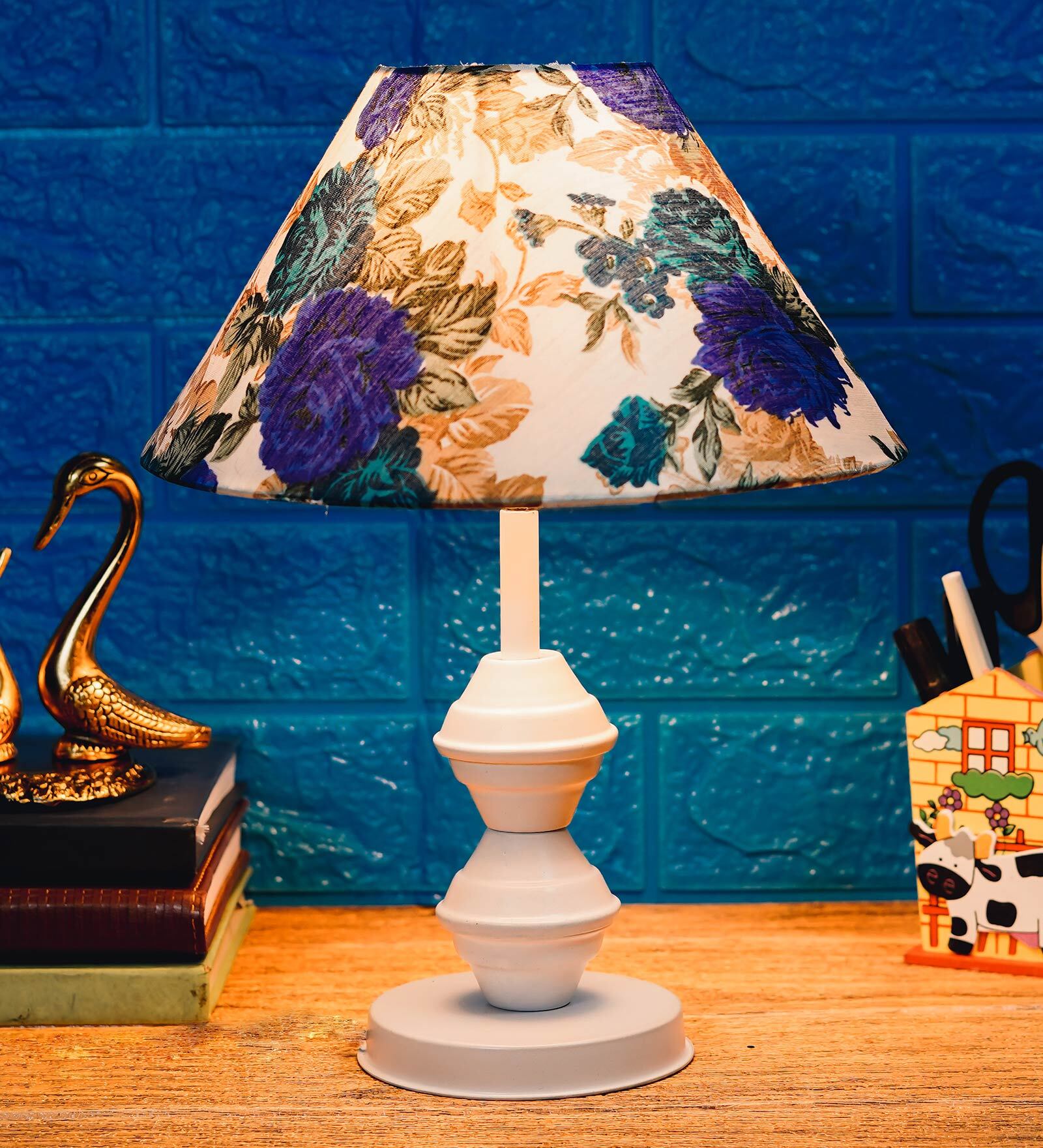 White & Blue Shade Table Lamp With Metal Base