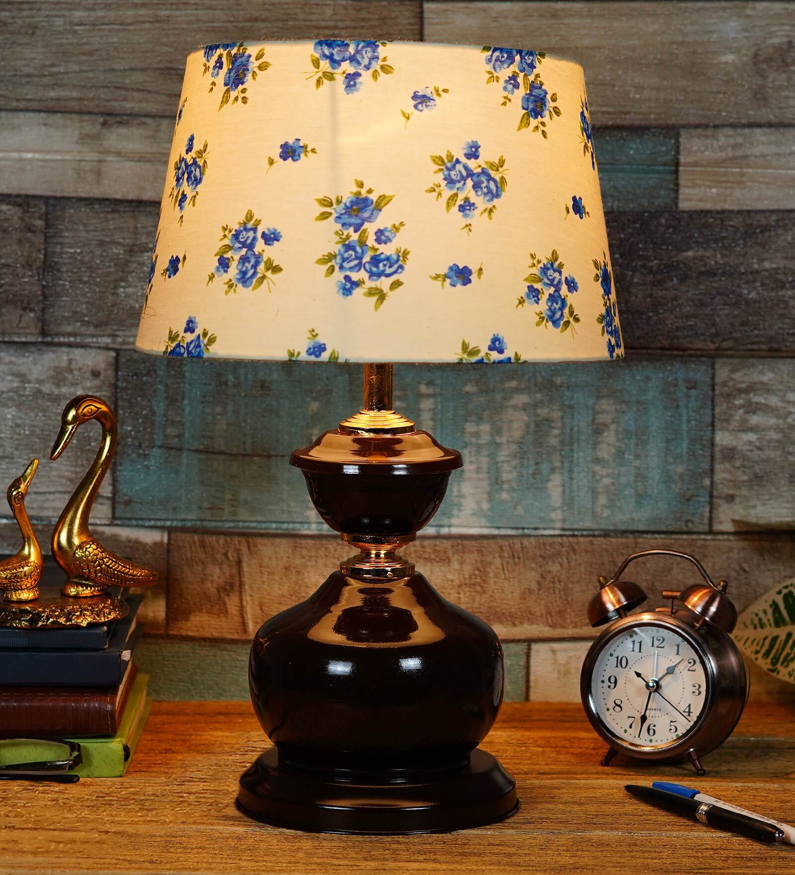 White & Blue Shade Table Lamp With Metal Base