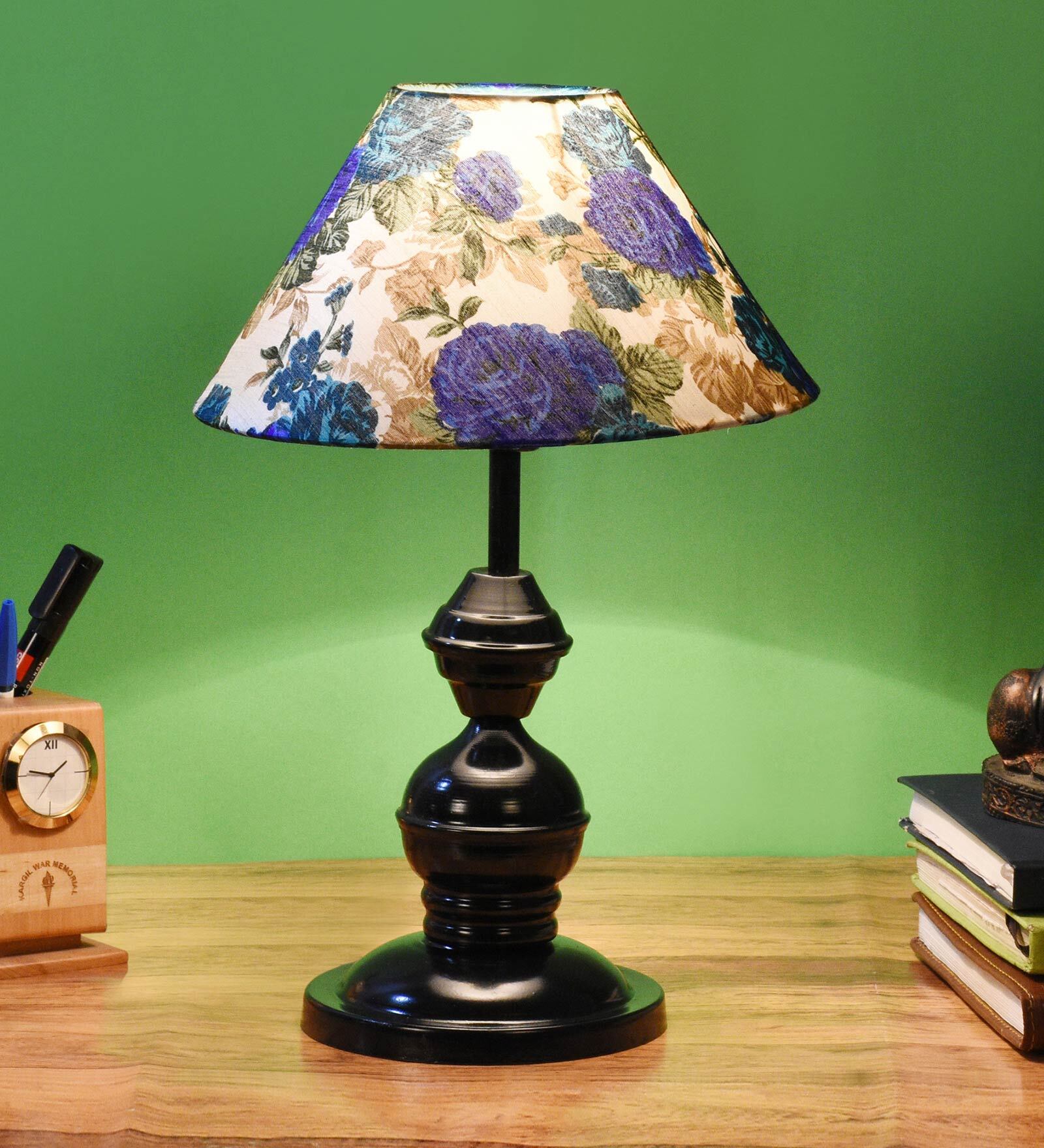 White & Blue Shade Table Lamp With Metal Base