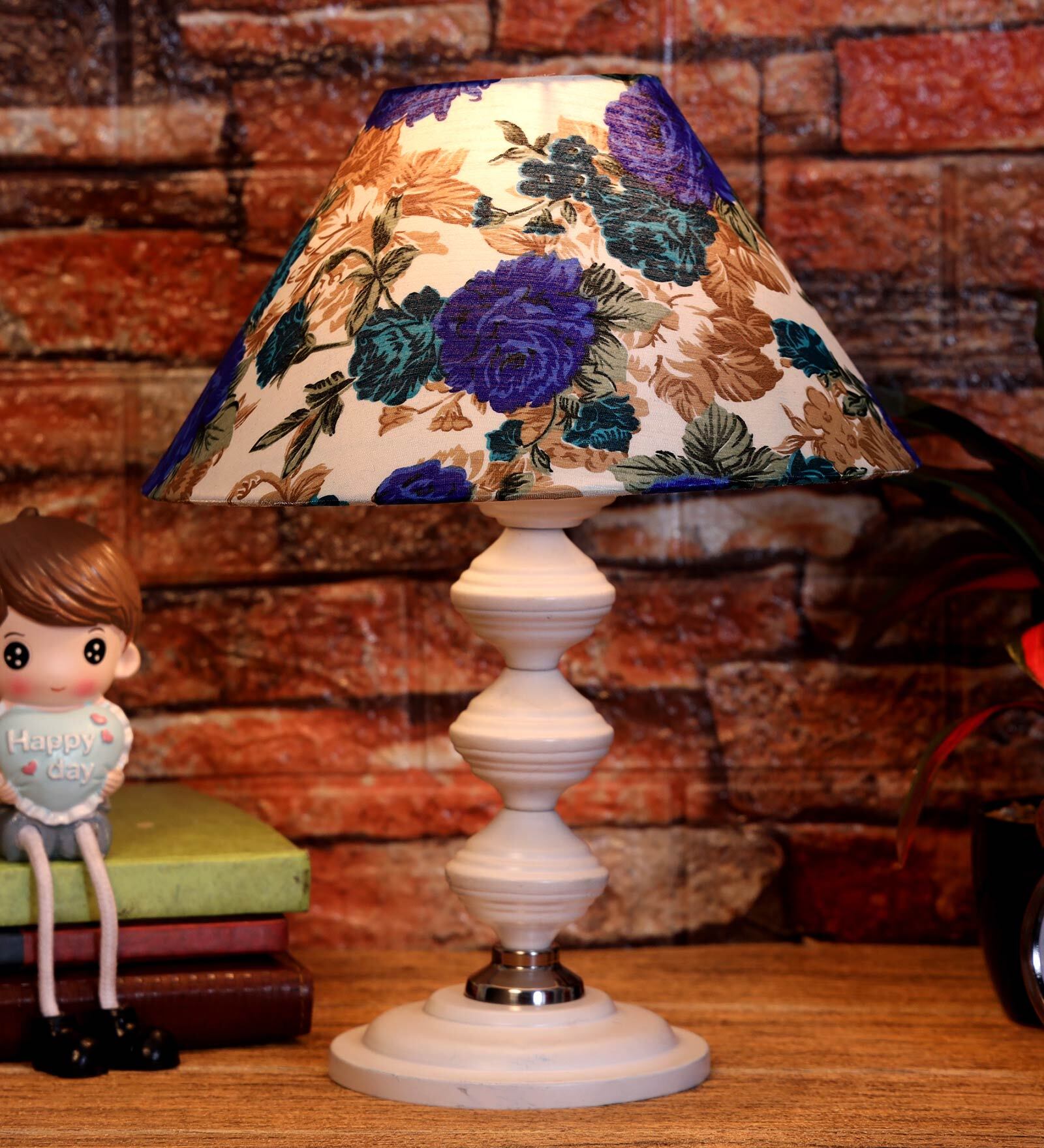 White & Blue Shade Table Lamp With Metal Base