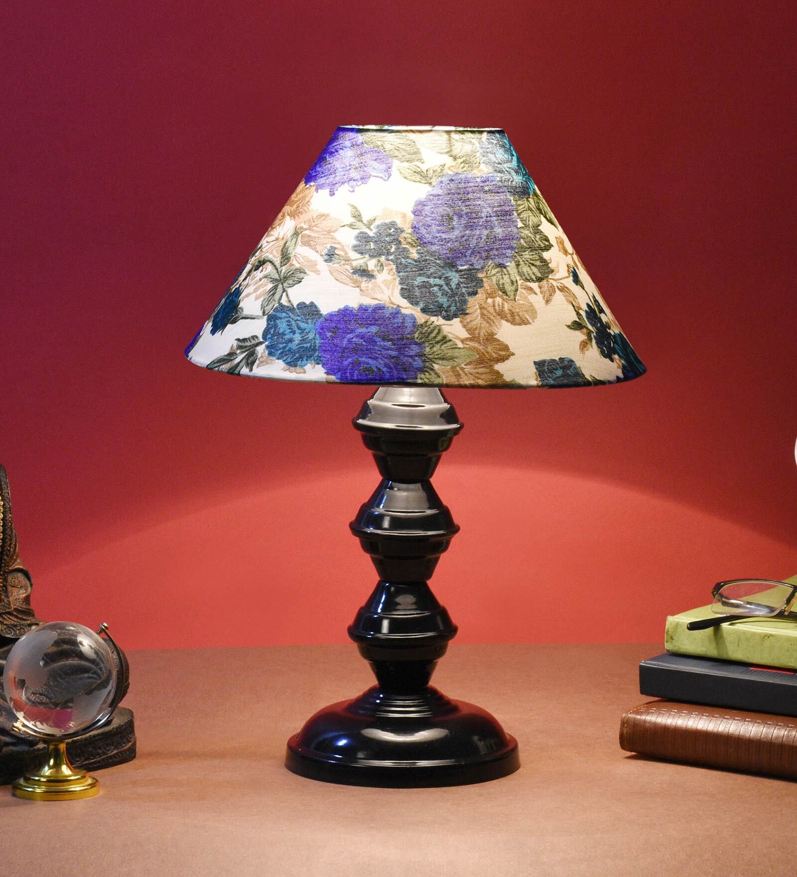 White & Blue Shade Table Lamp With Metal Base