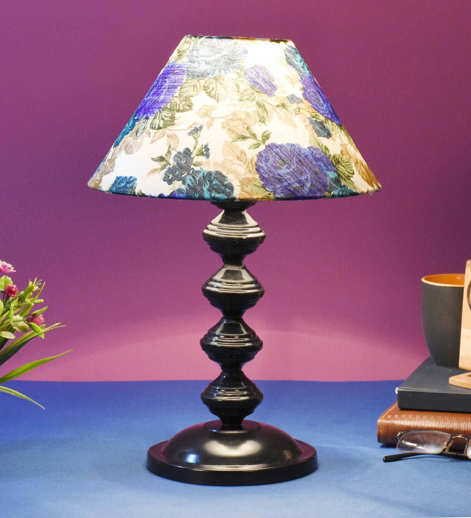 White & Blue Shade Table Lamp With Metal Base