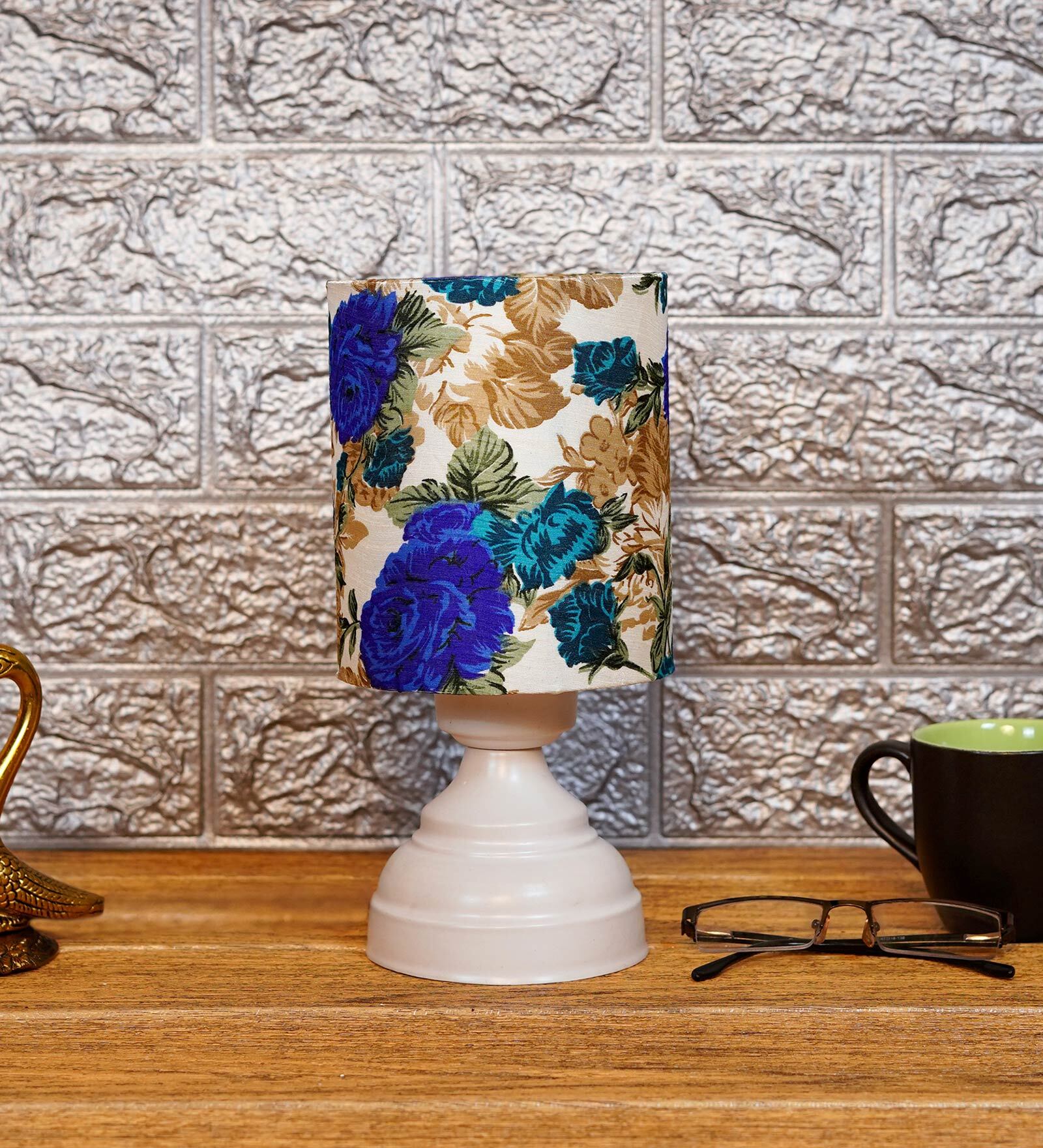 Wave White & Blue Fabric Shade Night Lamp With Metal Base