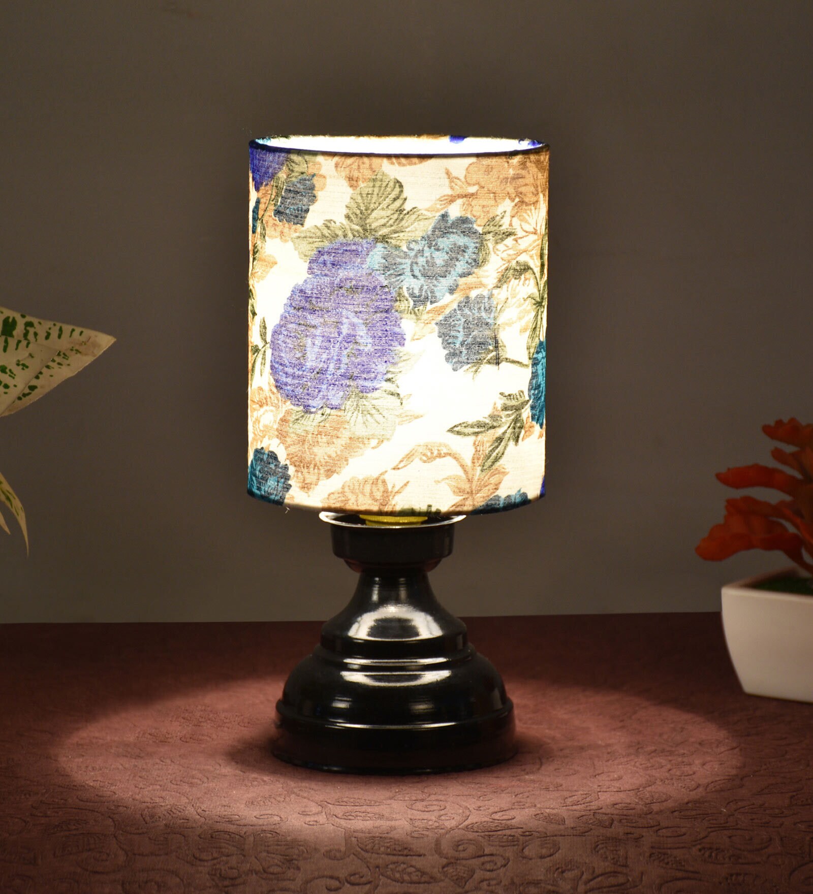 White & Blue Shade Table Lamp With Metal Base