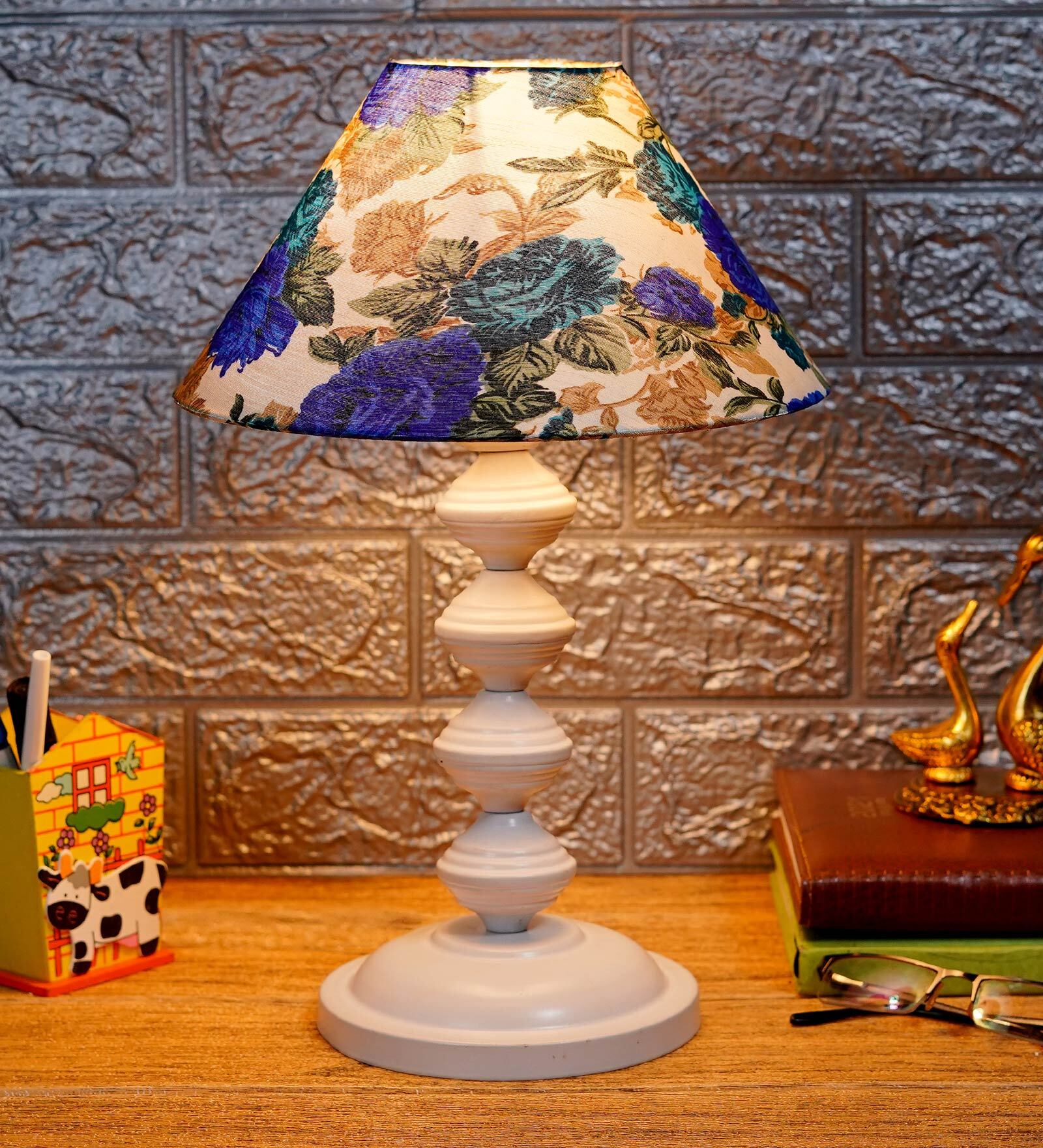White & Blue Shade Table Lamp With Metal Base