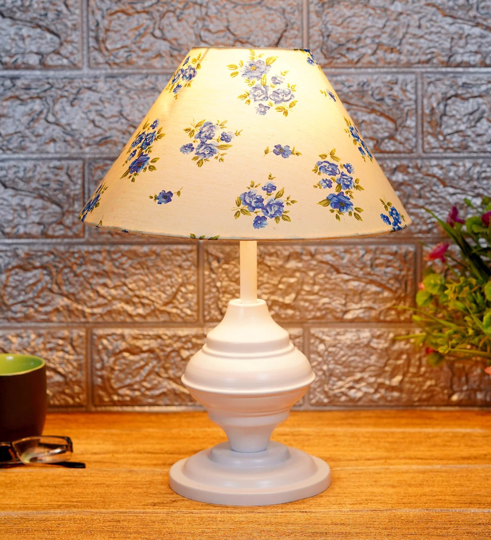 White & Blue Shade Table Lamp With Metal Base