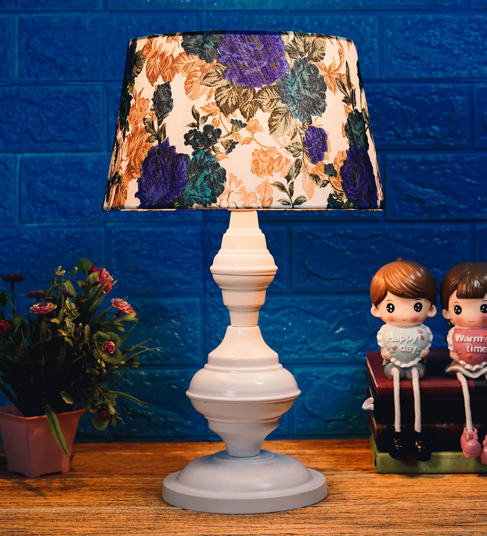White & Blue Shade Table Lamp With Metal Base