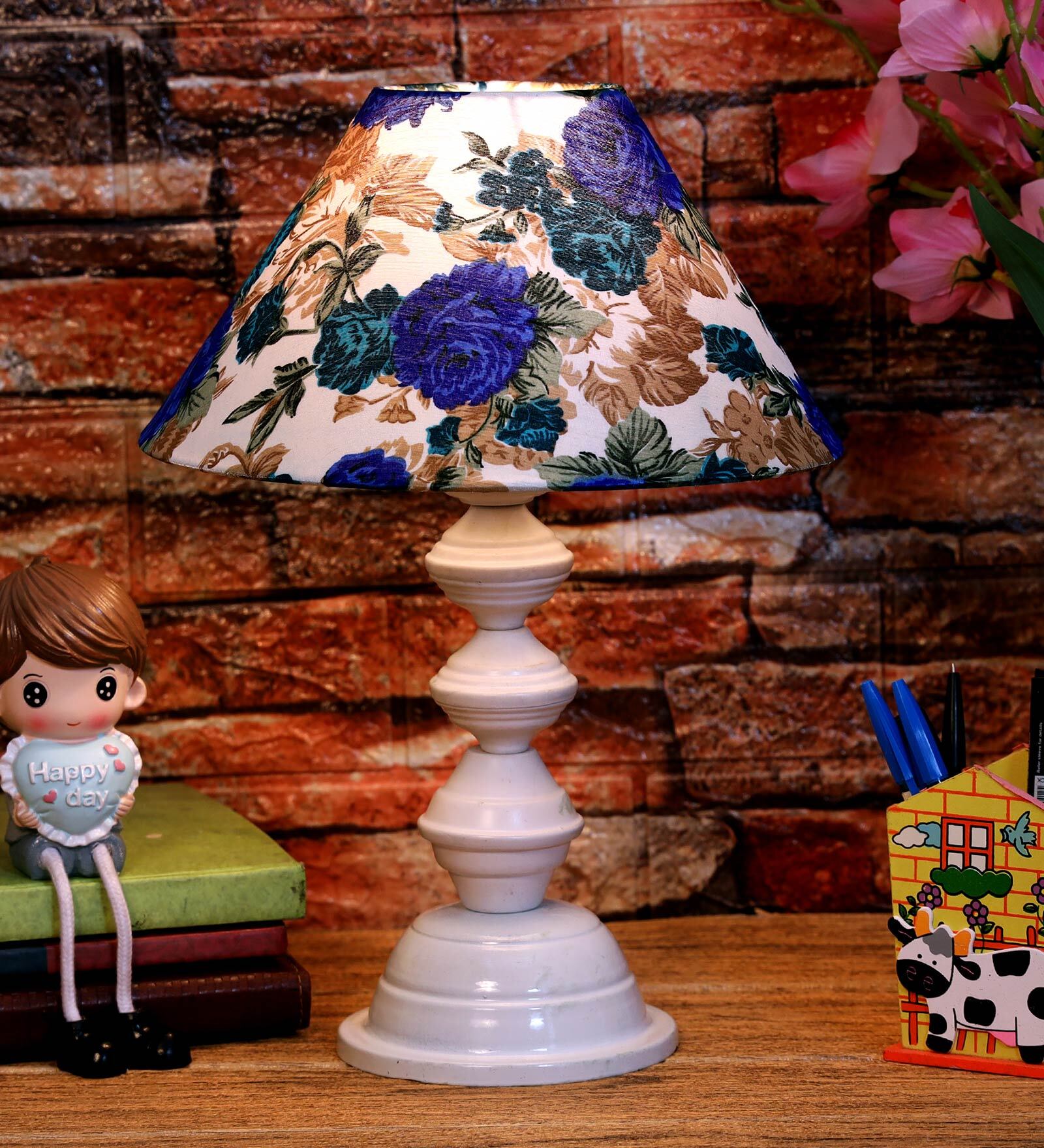White & Blue Shade Table Lamp With Metal Base