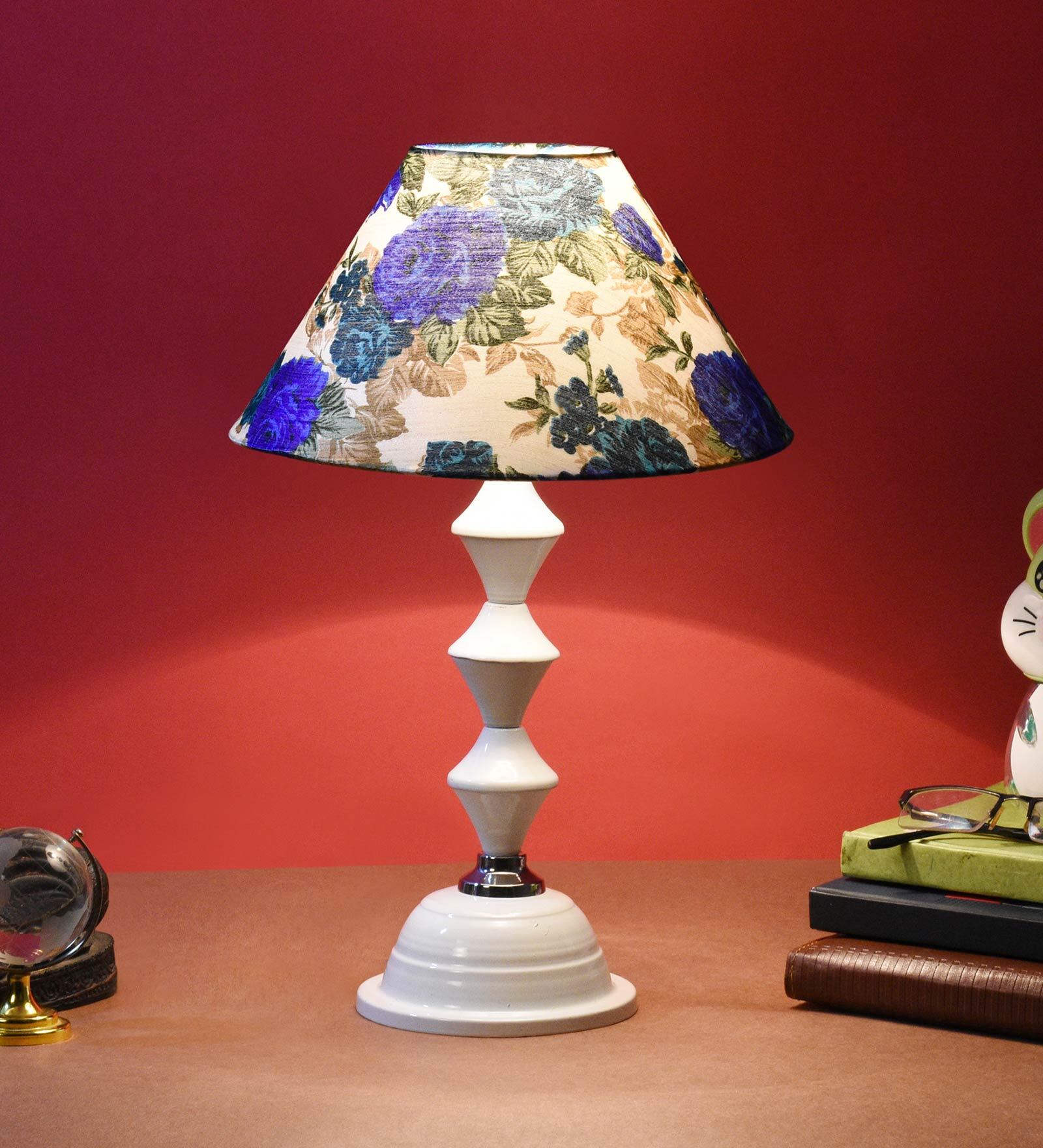 White & Blue Shade Table Lamp With Metal Base