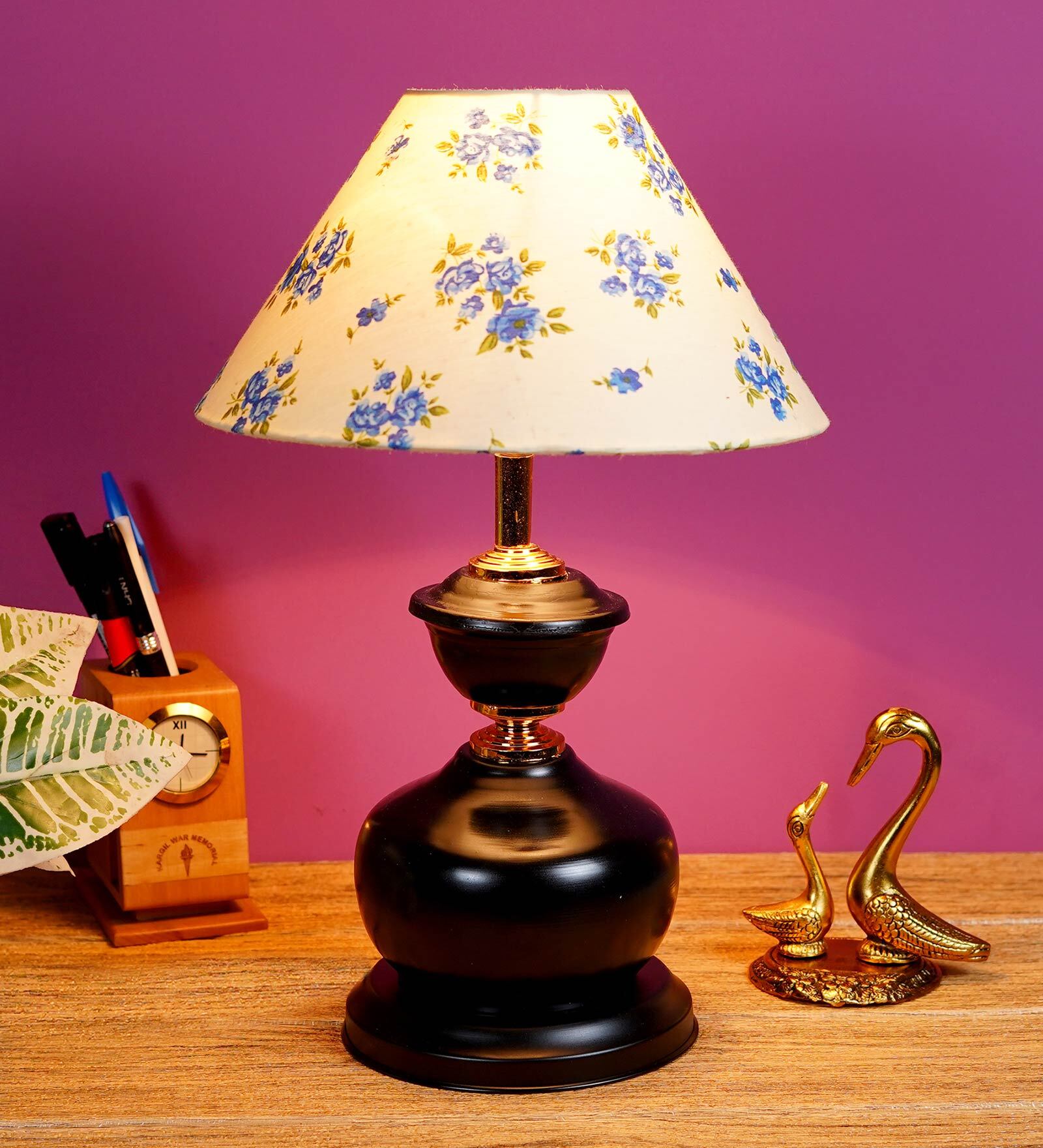 White & Blue Shade Table Lamp With Metal Base