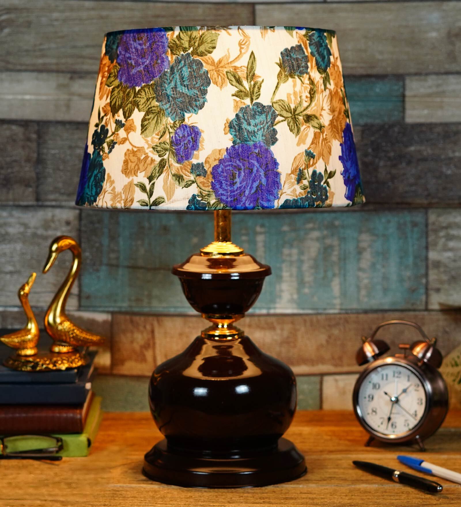 White & Blue Shade Table Lamp With Metal Base