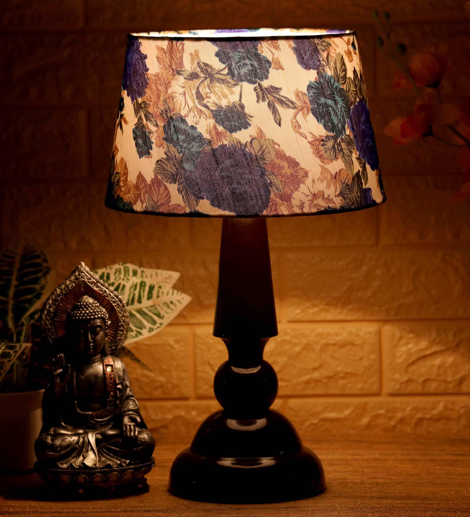 Bendigo White & Blue Fabric Shade Night Lamp With Wood Base