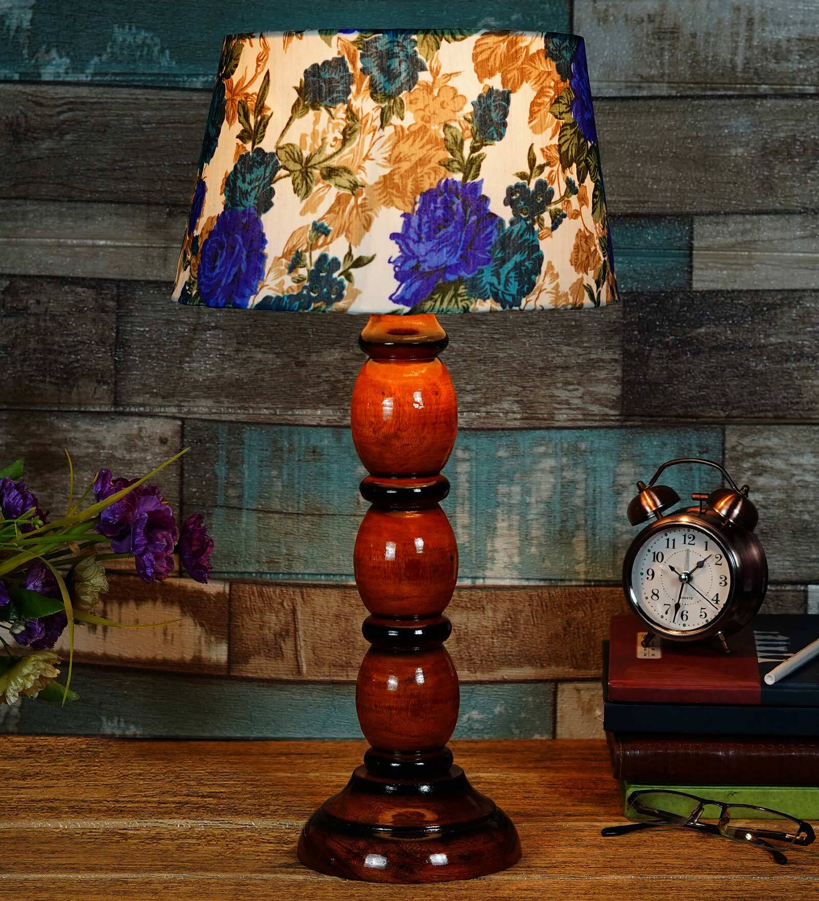 Romonov White & Blue Fabric Shade Night Lamp With Wood Base