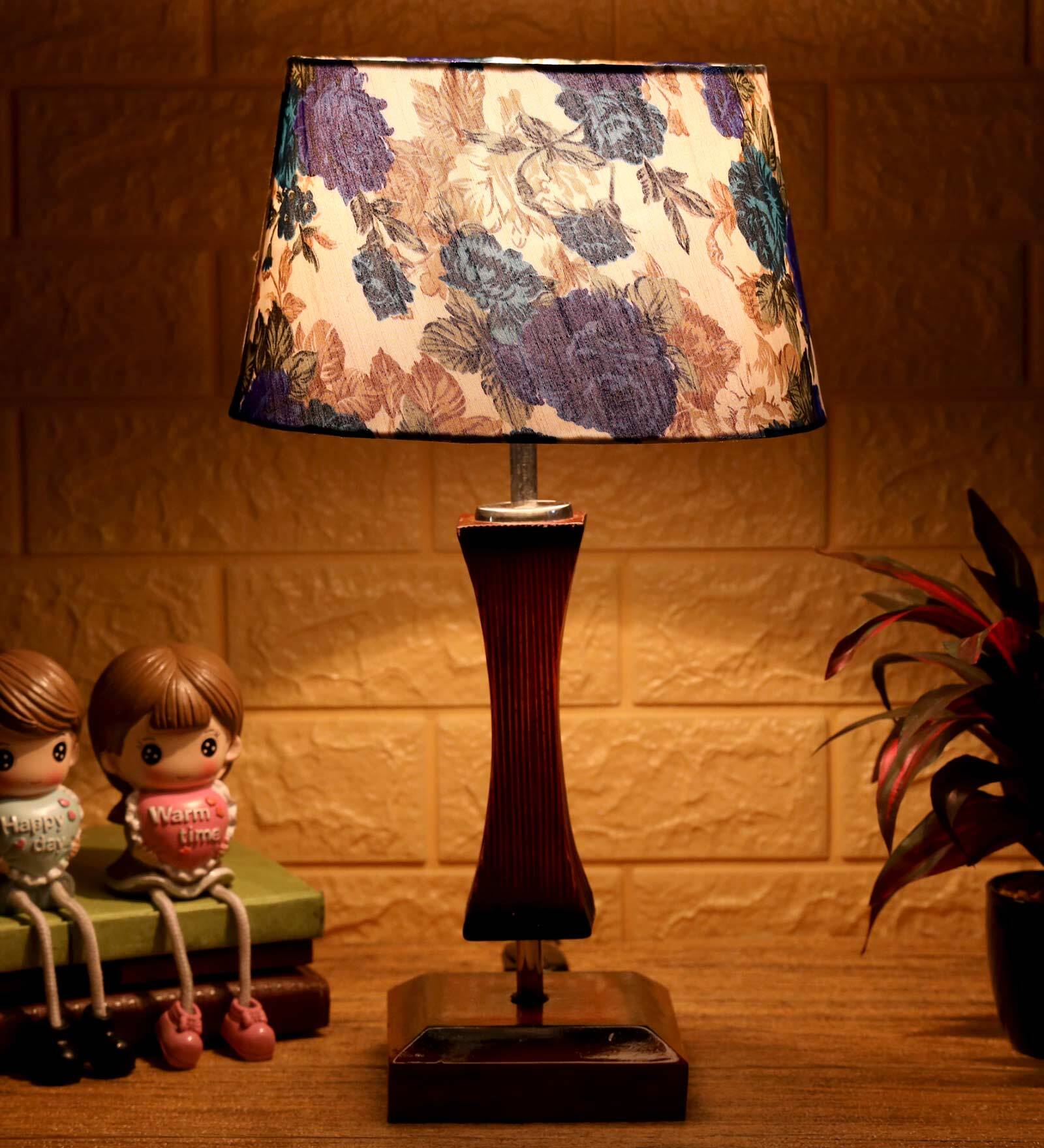 Madison White & Blue Fabric Shade Night Lamp With Wood Base