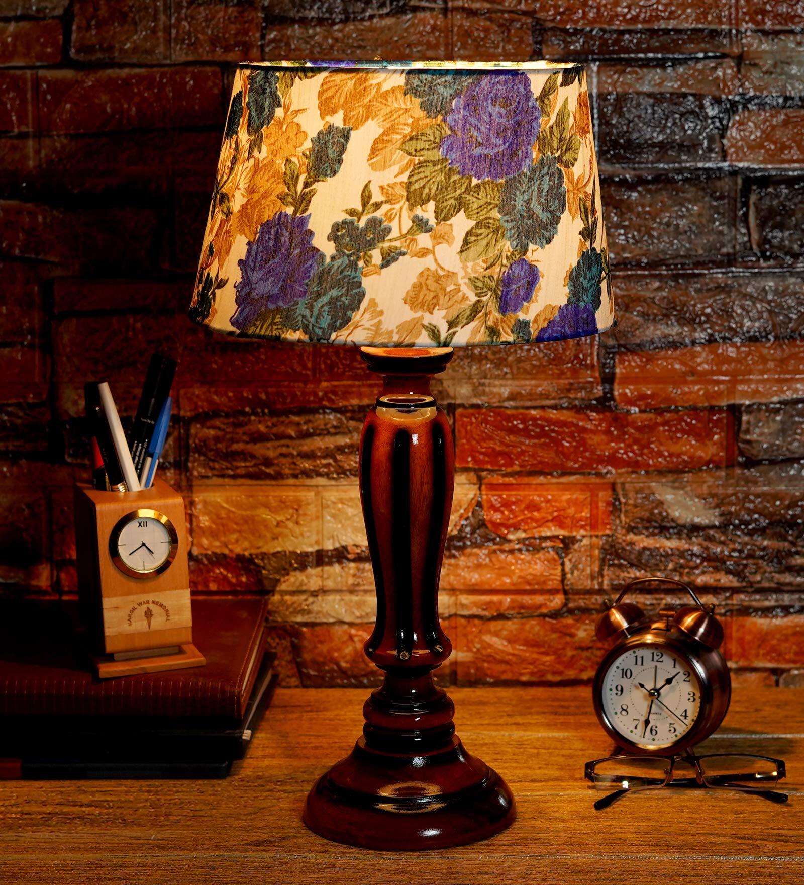 Lehr White & Blue Fabric Shade Night Lamp With Wood Base