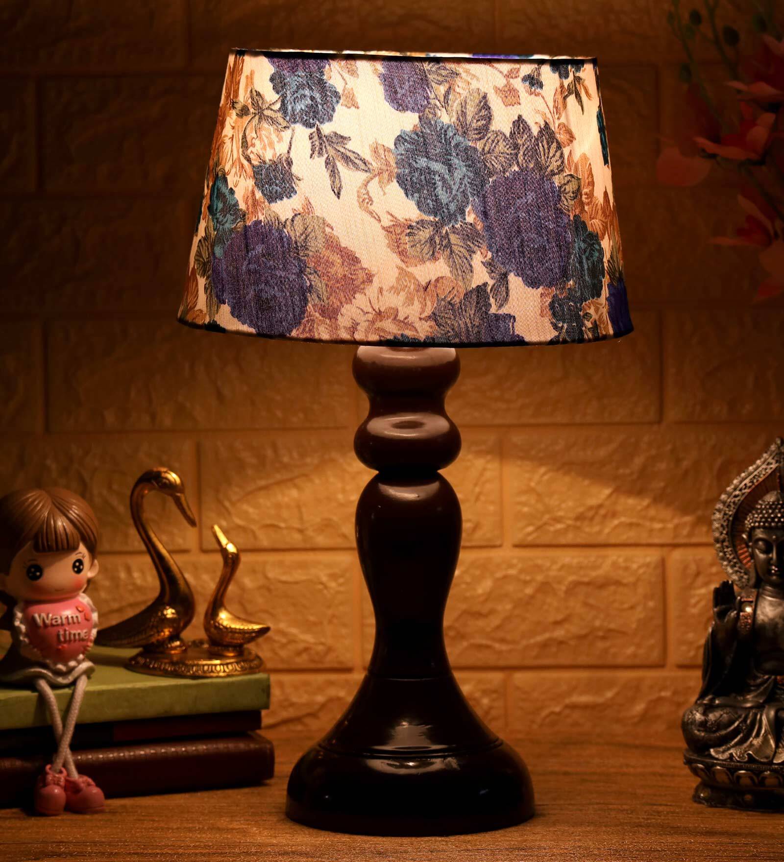 Aphro White & Blue Fabric Shade Night Lamp With Wood Base