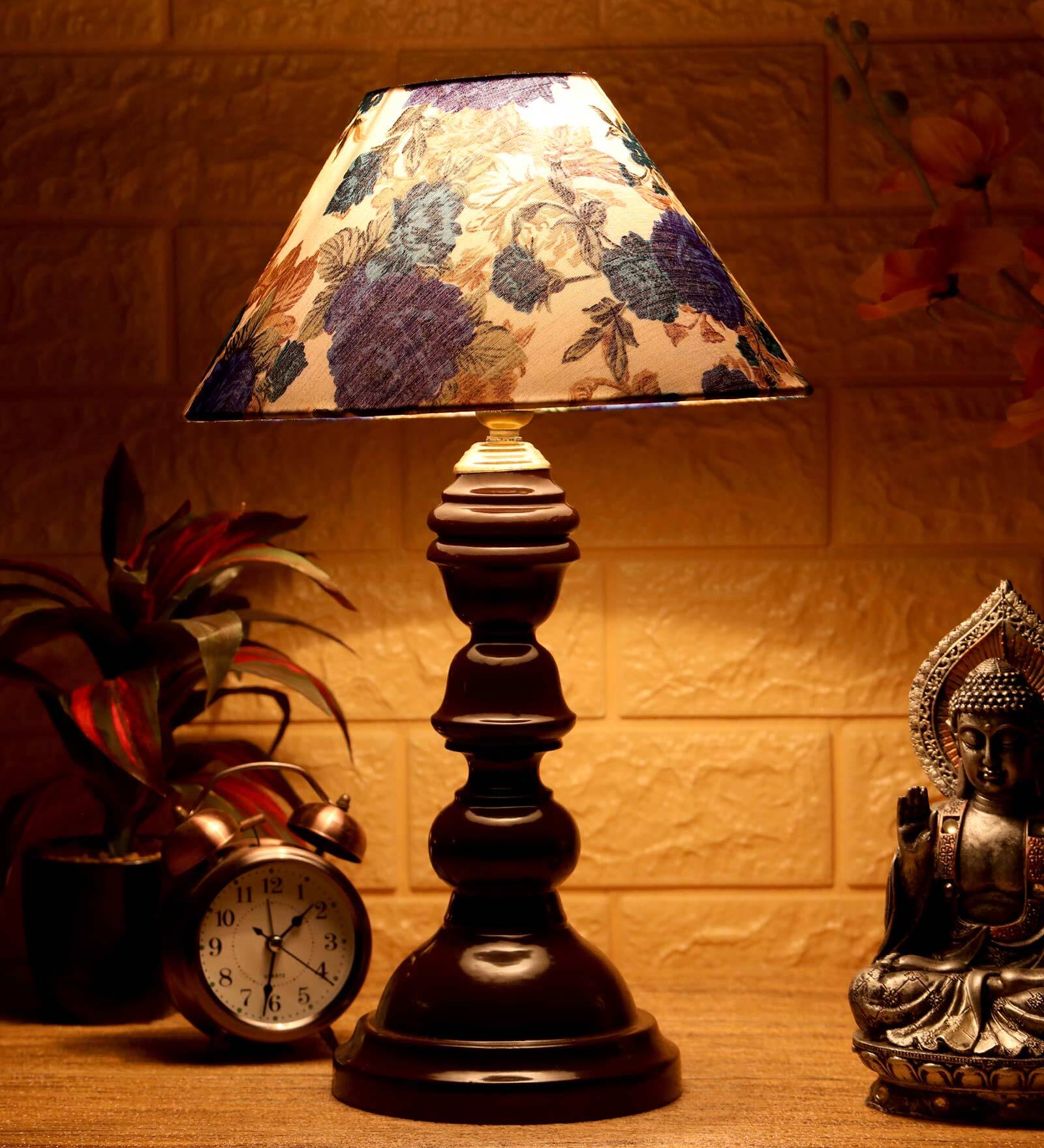 Nirvana White & Blue Fabric Shade Night Lamp With Wood Base