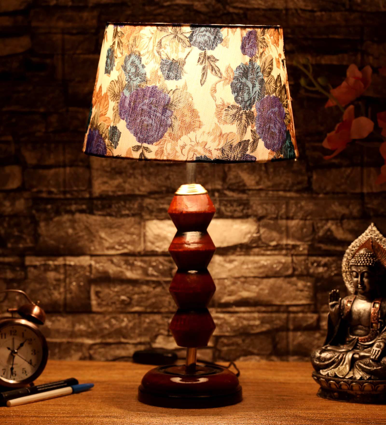 Lucca White & Blue Fabric Shade Night Lamp With Wood Base