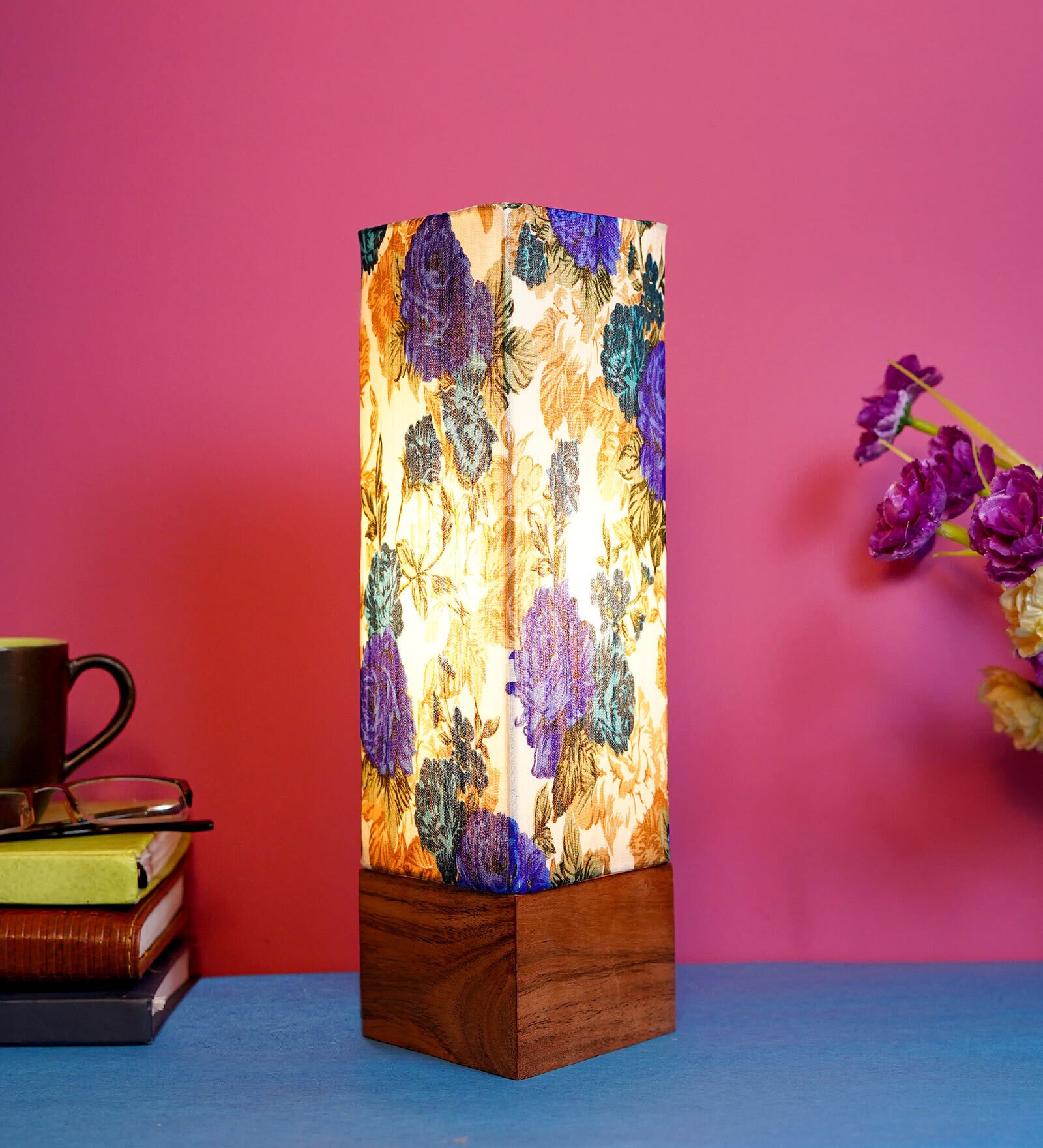 Mylo White & Blue Fabric Shade Table Lamp With Wood Base