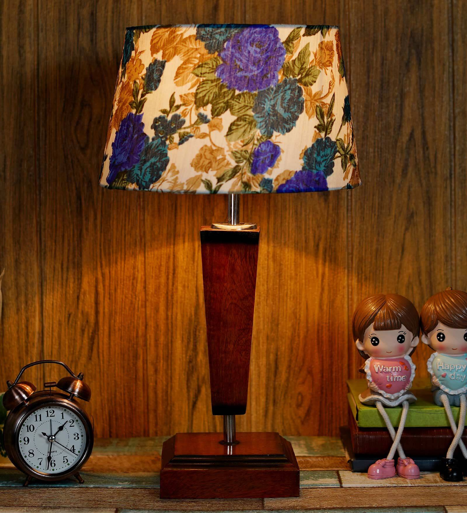 Demis White & Blue Fabric Shade Night Lamp With Wood Base