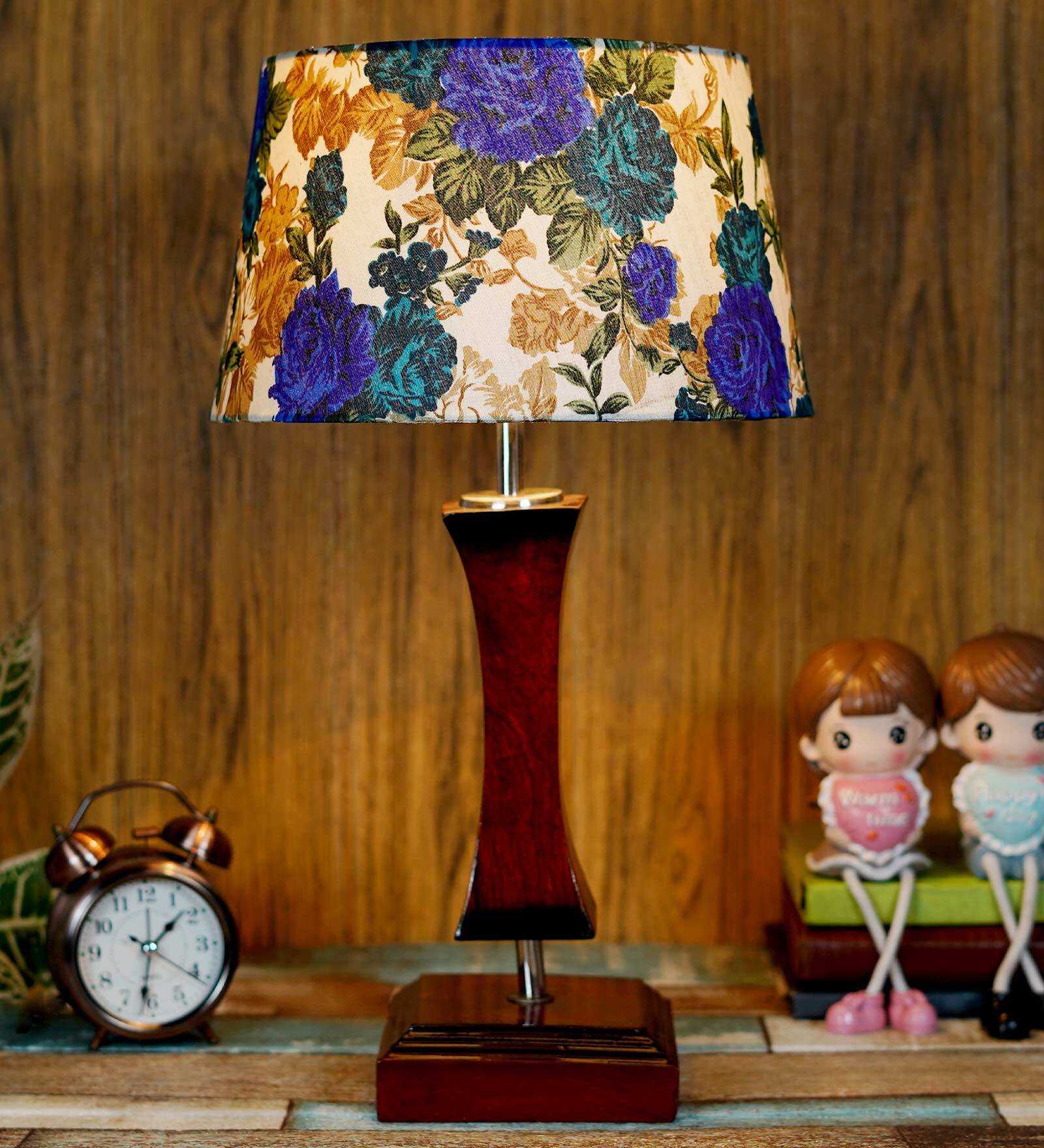 Charlotte White & Blue Fabric Shade Night Lamp With Wood Base