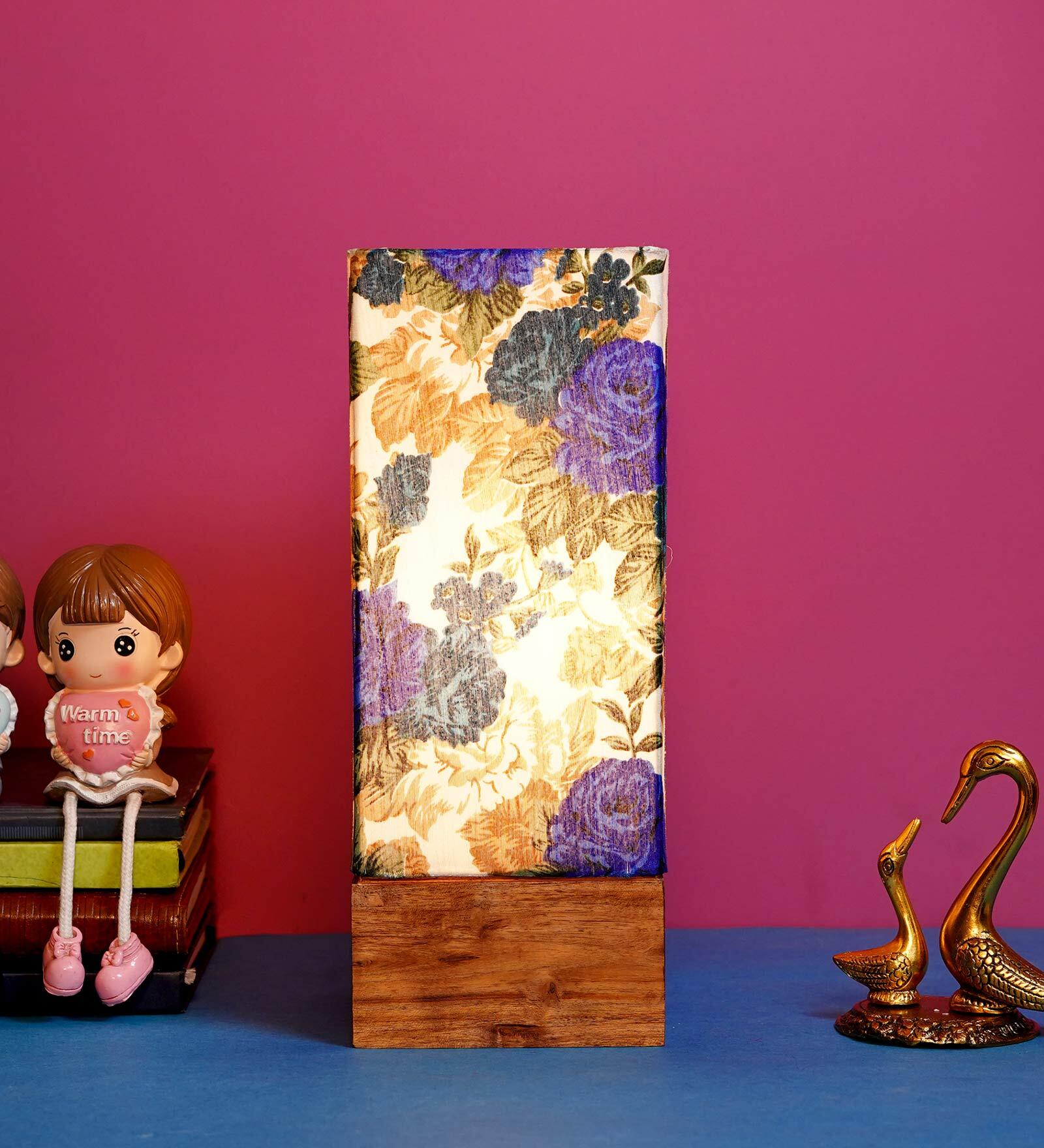 Emmett White & Blue Fabric Shade Table Lamp With Wood Base