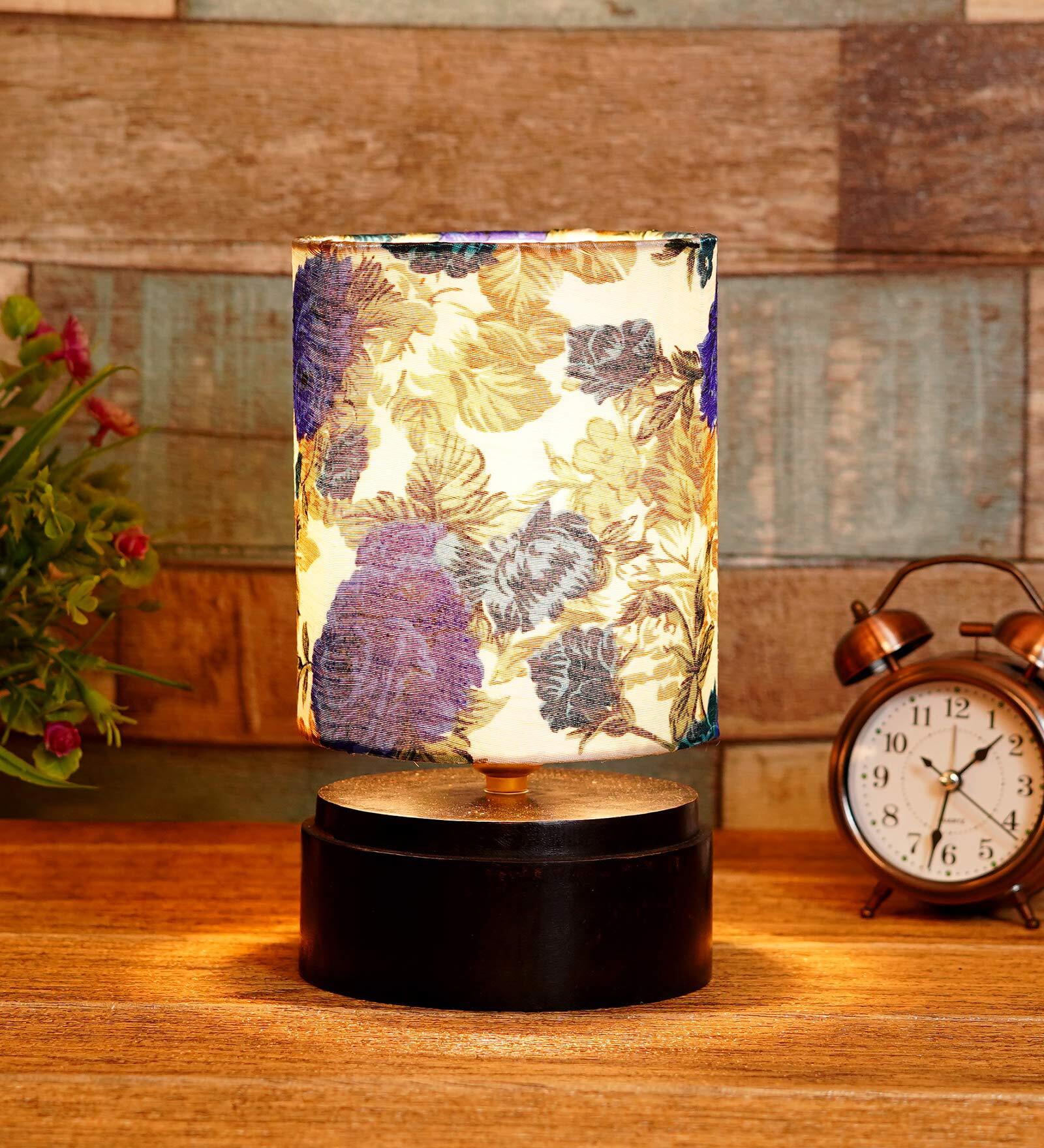 Desmond White & Blue Fabric Shade Night Lamp With Wood Base