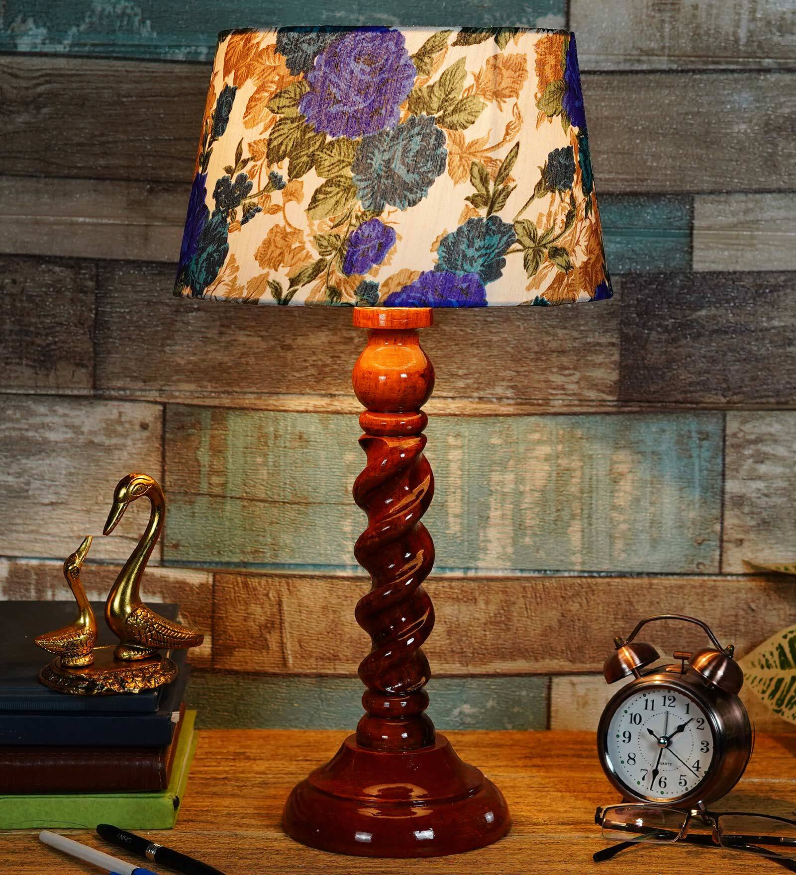 Avogadro White & Blue Fabric Shade Night Lamp With Wood Base