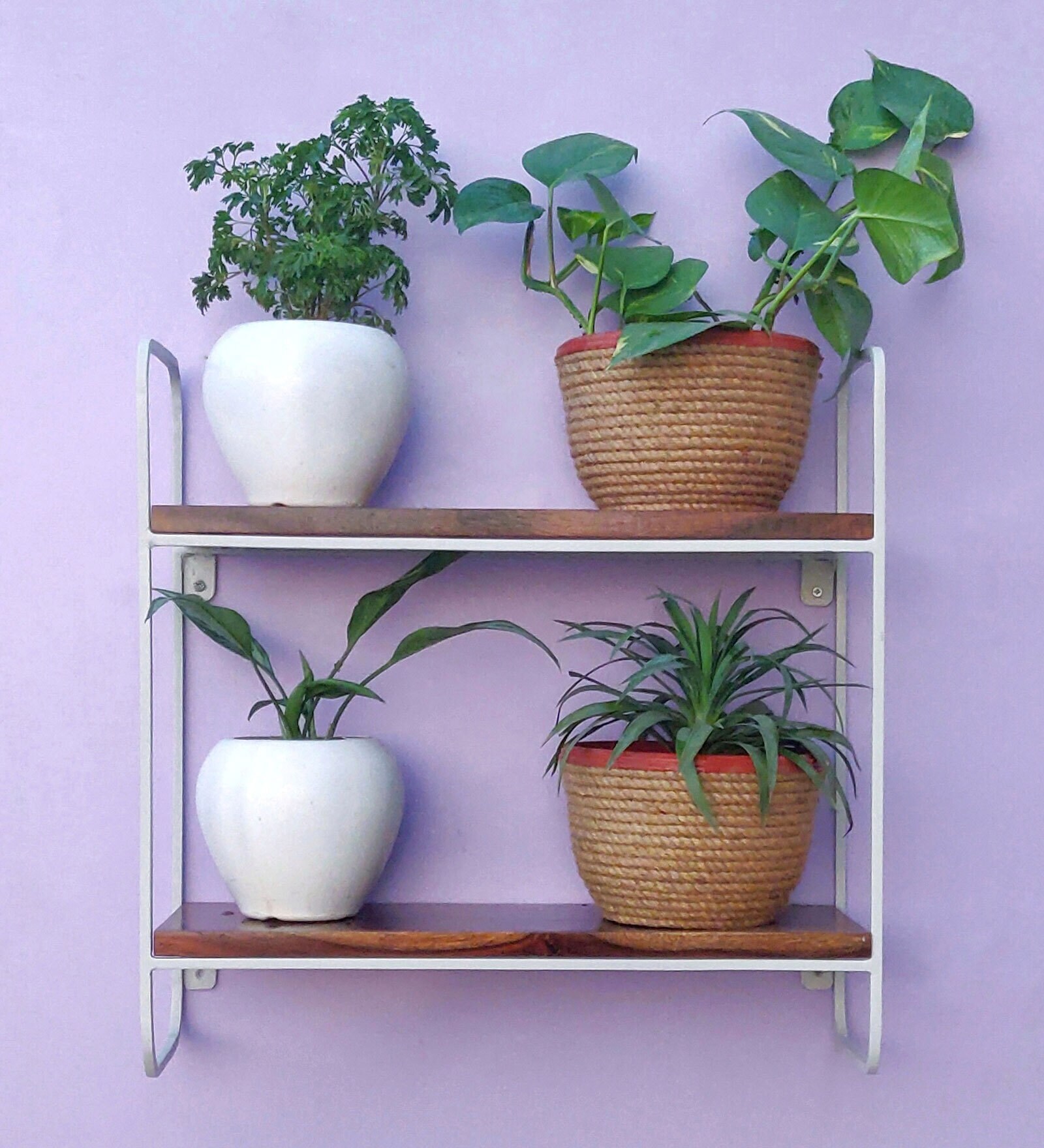 White & Brown Wood & Metal 2 Tier Wall Mounted Planter Stand