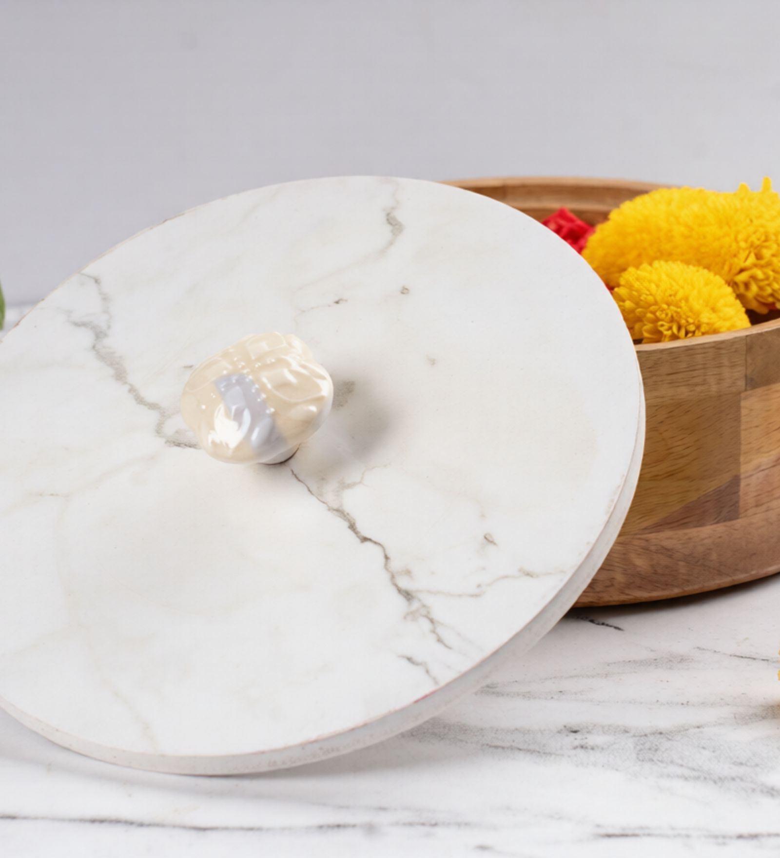 White & Brown Wooden Round Box With Sunmica Lid