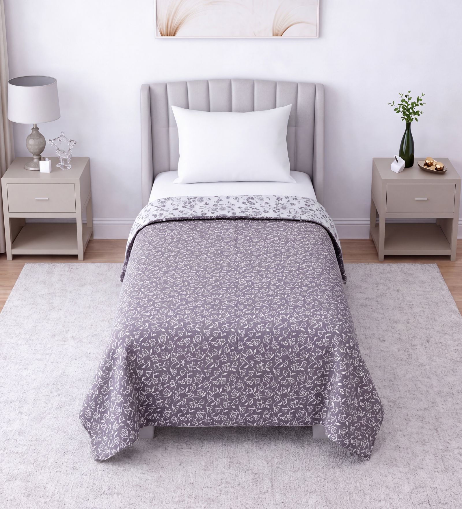 White & Chocolate Cotton Floral 350 GSM Single Bed Reversible Dohar